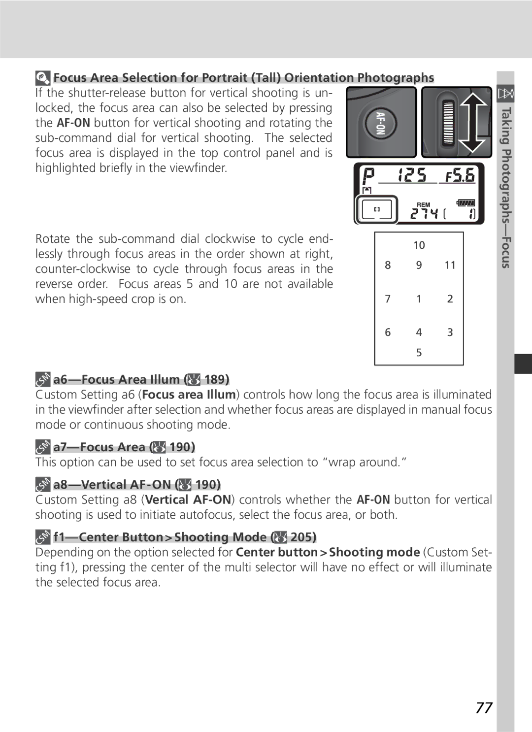 Nikon D2Xs manual A6-Focus Area Illum, A7-Focus Area, F1-Center Button Shooting Mode 