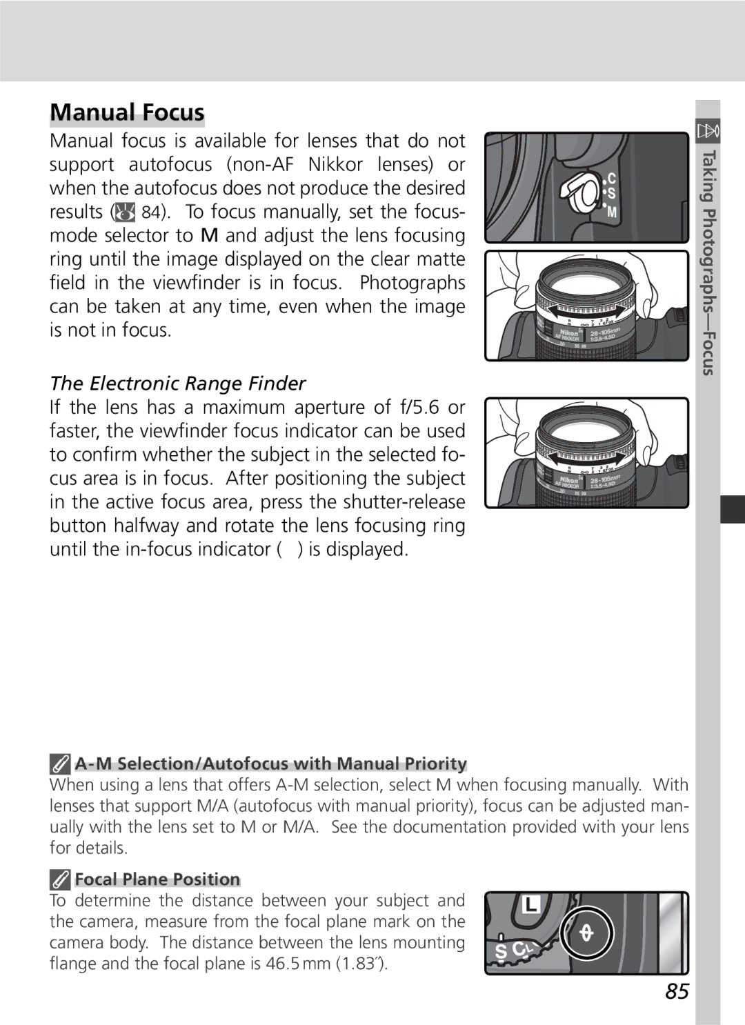 Nikon D2Xs manual Manual Focus, Electronic Range Finder, Selection/Autofocus with Manual Priority, Focal Plane Position 