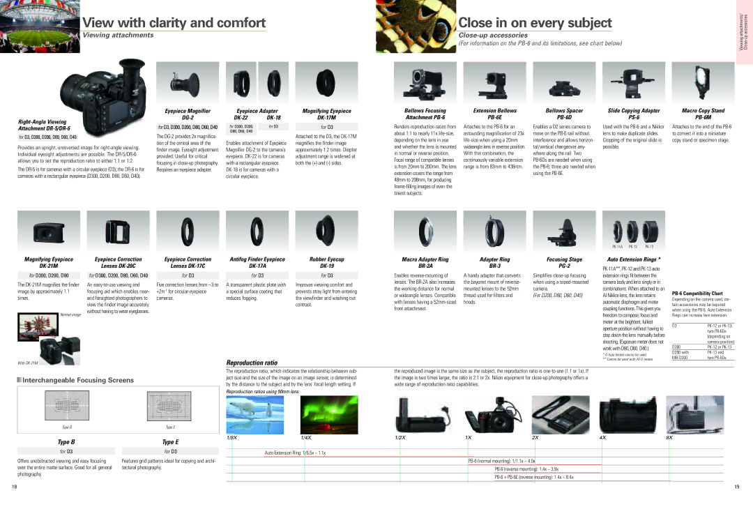 Nikon D3 brochure Viewing attachments Close-up accessories, Interchangeable Focusing Screens 