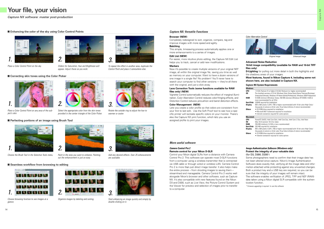 Nikon D3 brochure Camera Control Pro, Image Authentication Software Windows only 