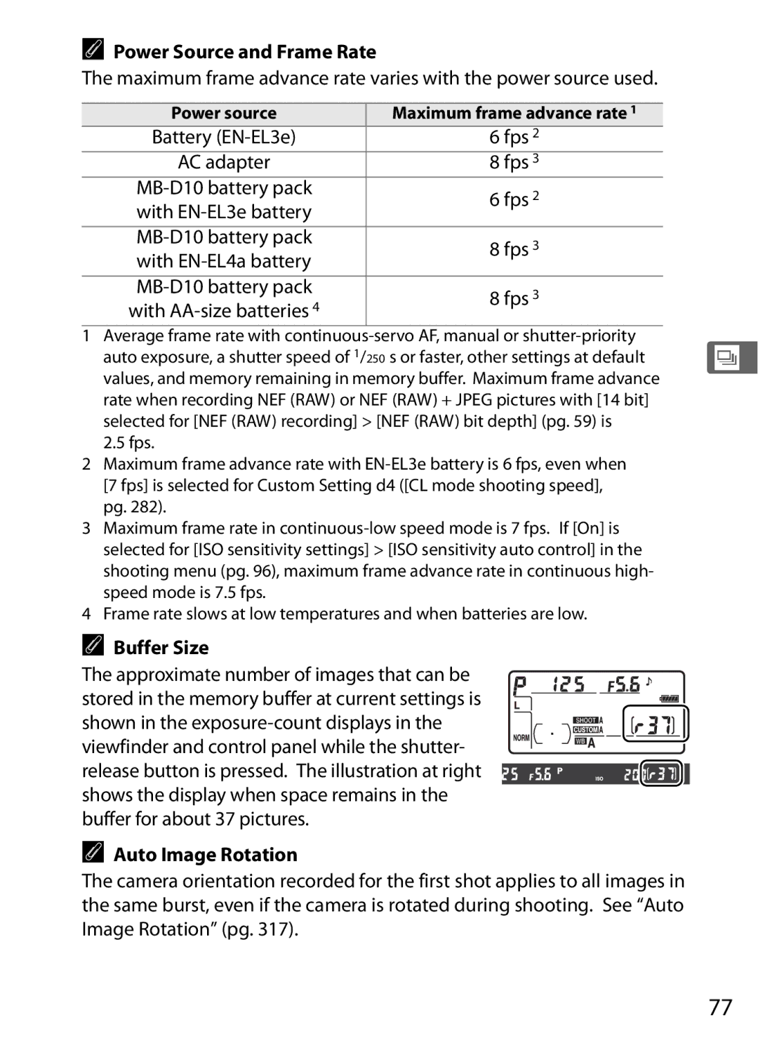 Nikon D300BODY, D300OUTFIT, 920162 user manual Power Source and Frame Rate, Buffer Size, Auto Image Rotation, Power source 