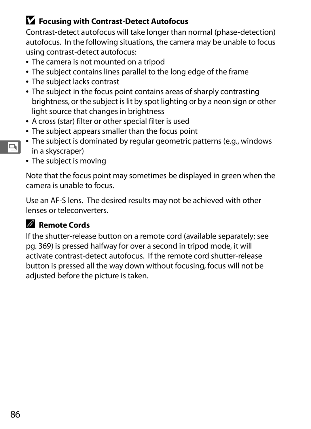 Nikon D300BODY, D300OUTFIT, 920162 user manual Focusing with Contrast-Detect Autofocus, Remote Cords 