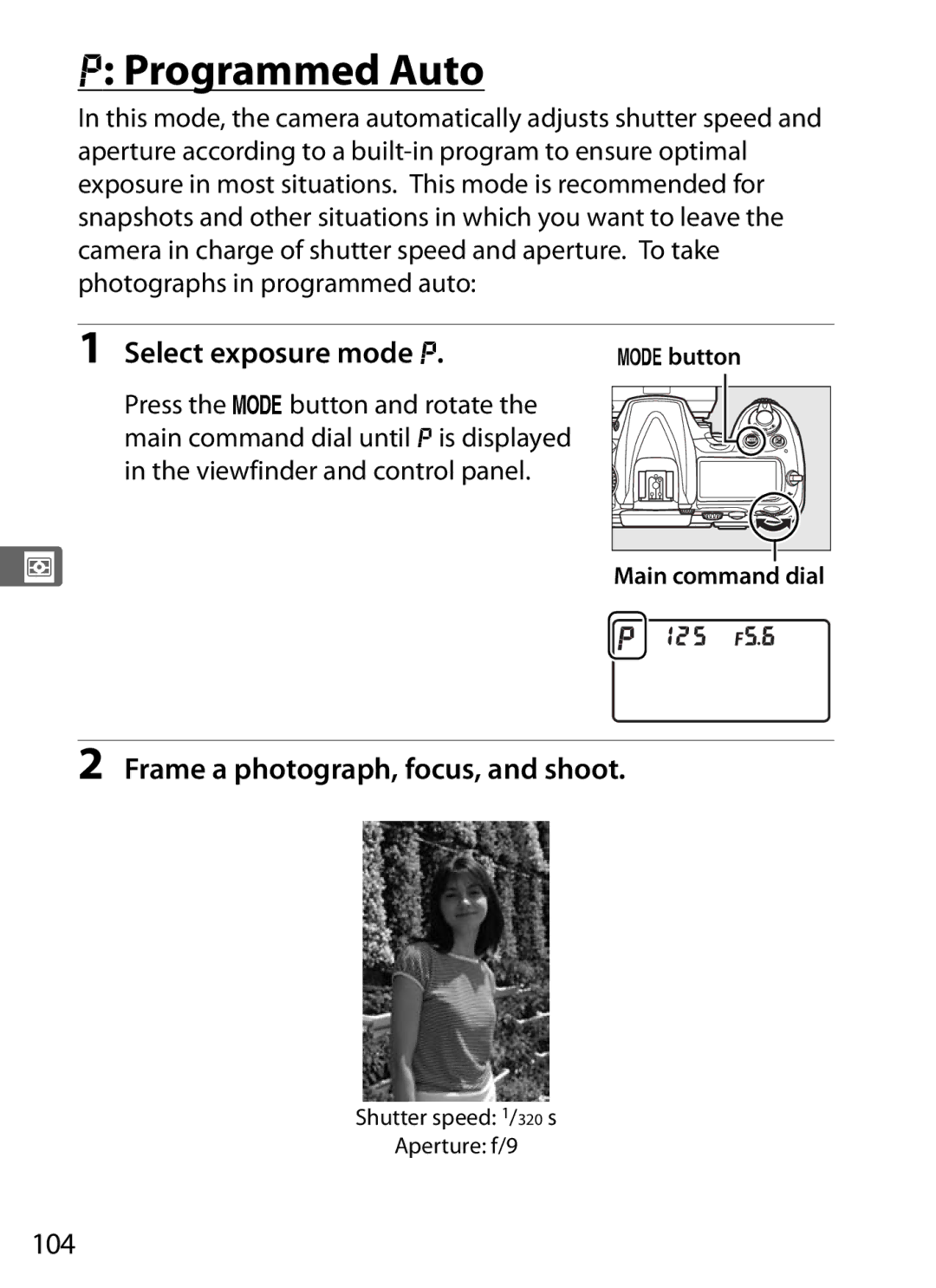 Nikon D300BODY, D300OUTFIT, 920162 user manual Programmed Auto, Select exposure mode e, 104 