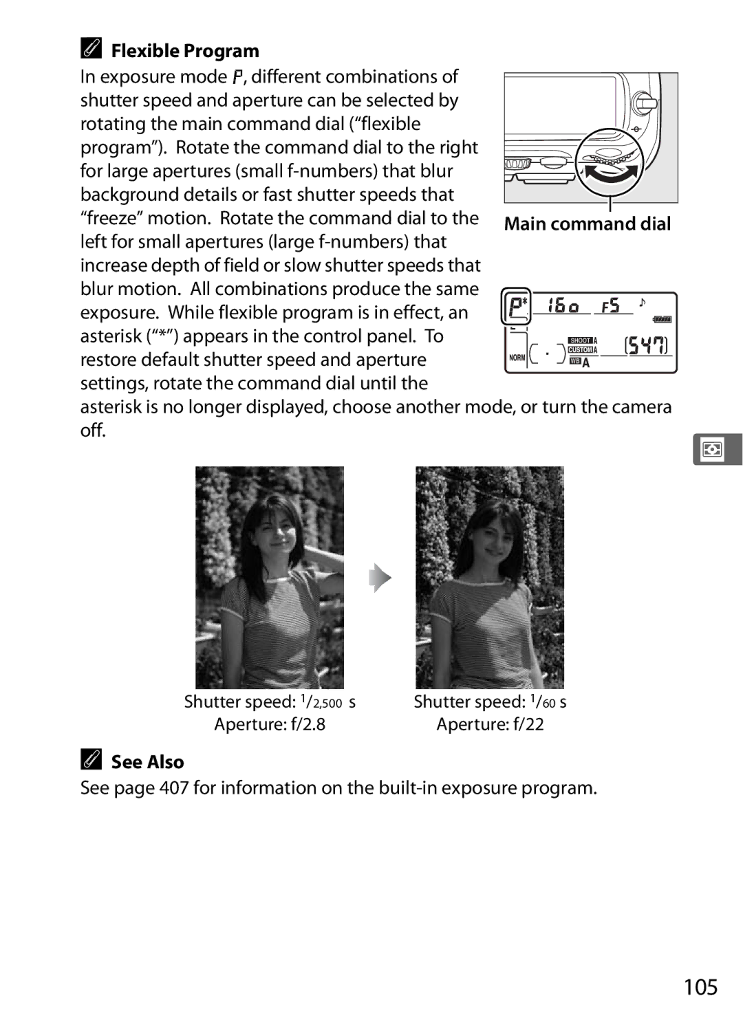 Nikon 920162, D300OUTFIT, D300BODY user manual 105, Flexible Program, Exposure mode e, different combinations 