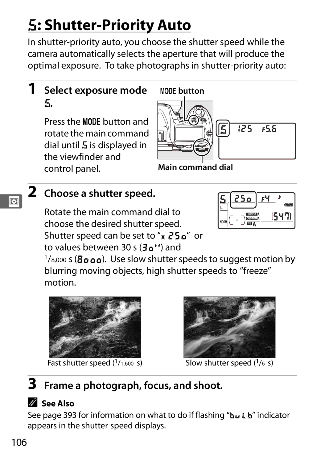 Nikon D300OUTFIT, D300BODY, 920162 user manual Shutter-Priority Auto, Select exposure mode f, 106, Button Main command dial 