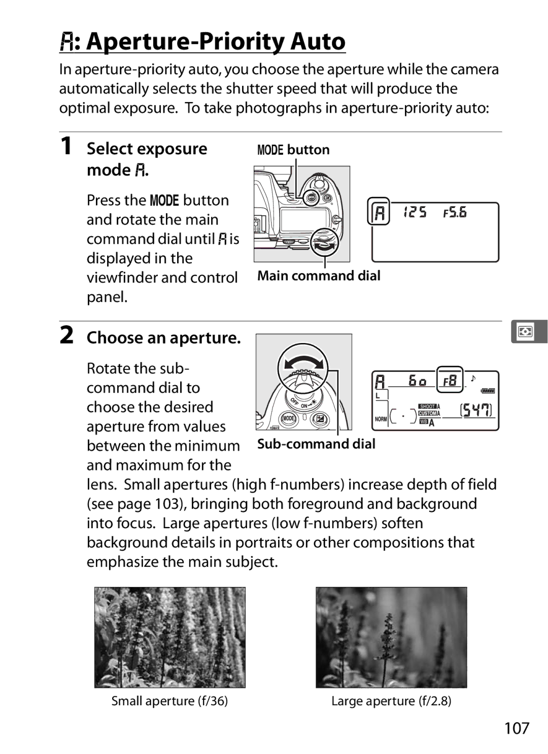 Nikon D300BODY, D300OUTFIT, 920162 user manual Aperture-Priority Auto, Select exposure, Mode g, Choose an aperture, 107 