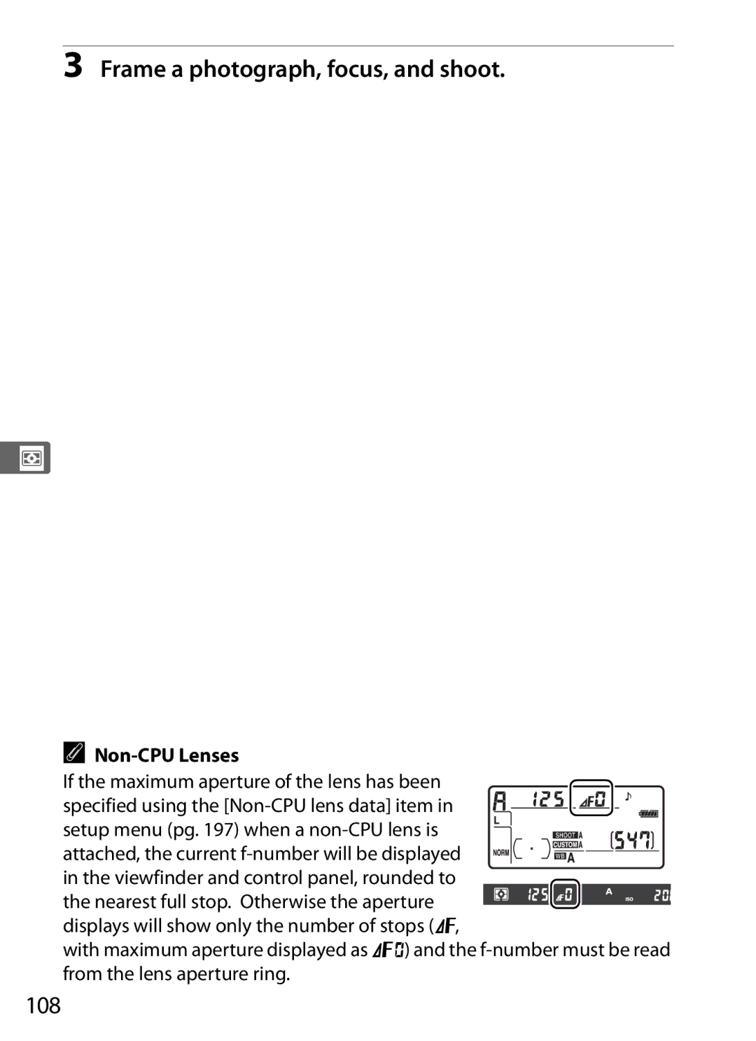 Nikon 920162, D300OUTFIT, D300BODY user manual 108, Non-CPU Lenses, If the maximum aperture of the lens has been 