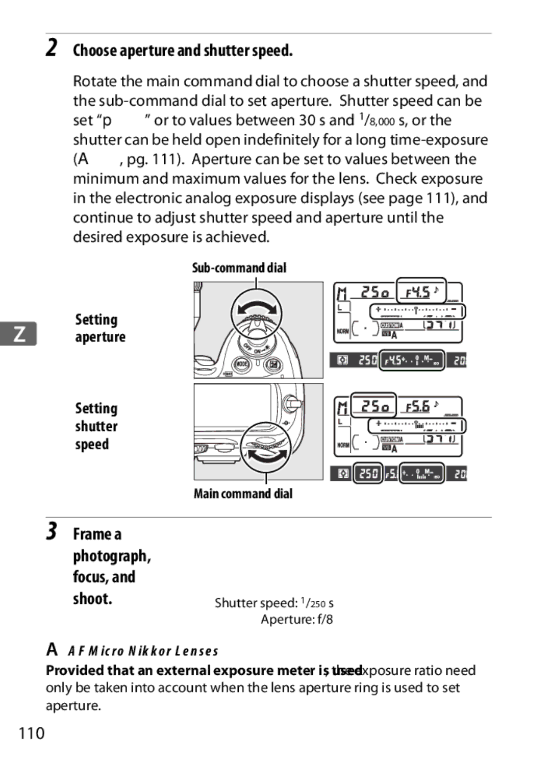 Nikon D300BODY, D300OUTFIT, 920162 user manual Choose aperture and shutter speed, 110, AF Micro Nikkor Lenses 