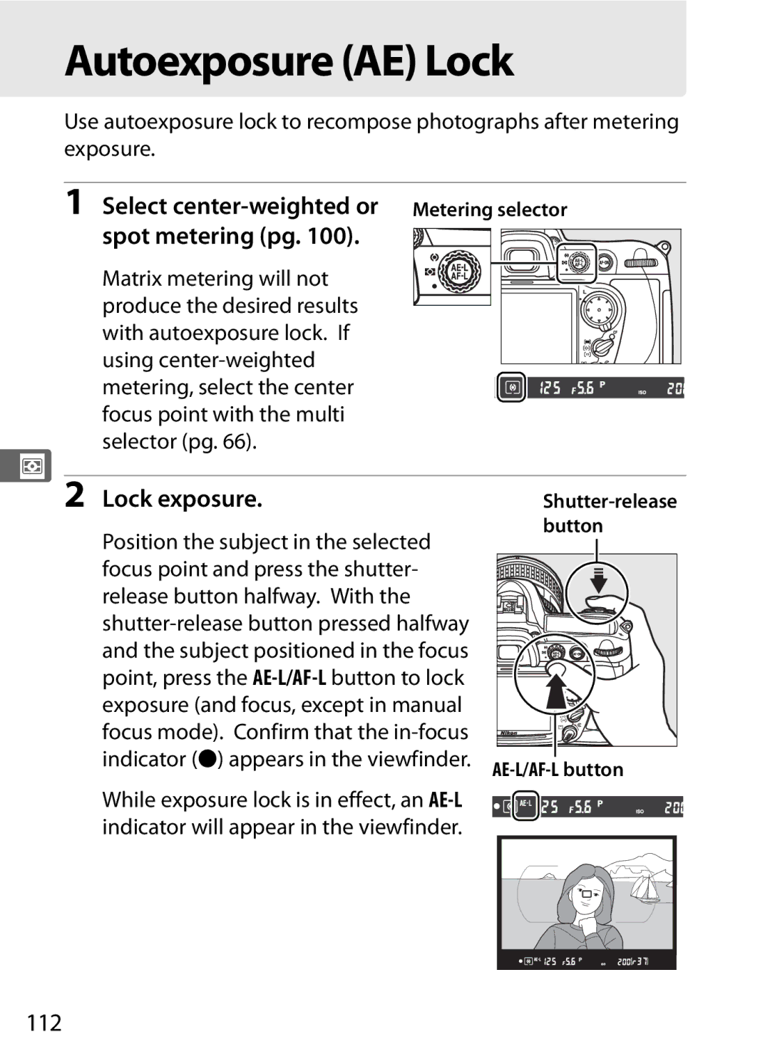 Nikon D300OUTFIT, D300BODY, 920162 user manual Autoexposure AE Lock, Lock exposure, 112 