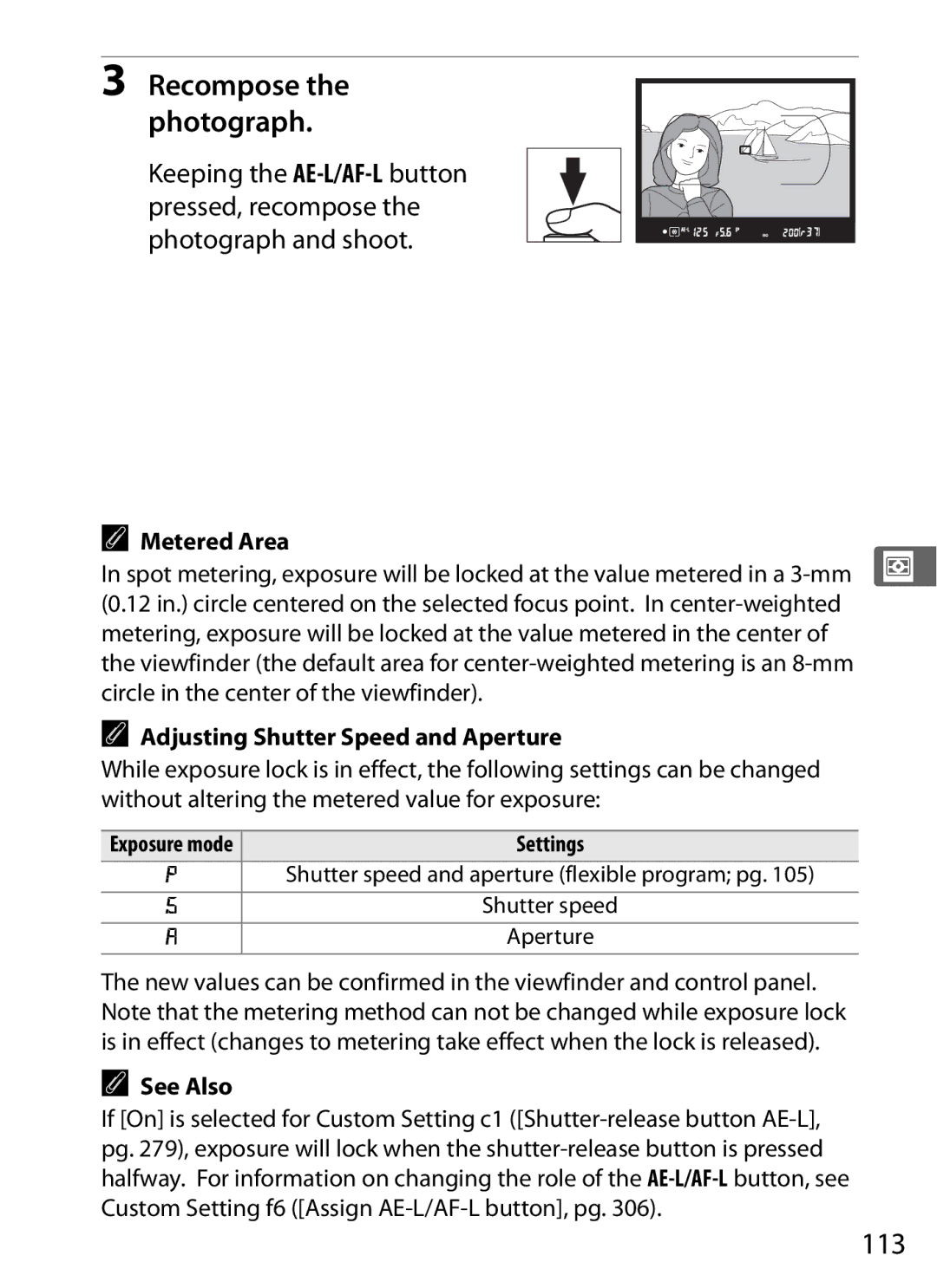 Nikon D300BODY, D300OUTFIT, 920162 user manual Recompose Photograph, 113, Metered Area, Adjusting Shutter Speed and Aperture 