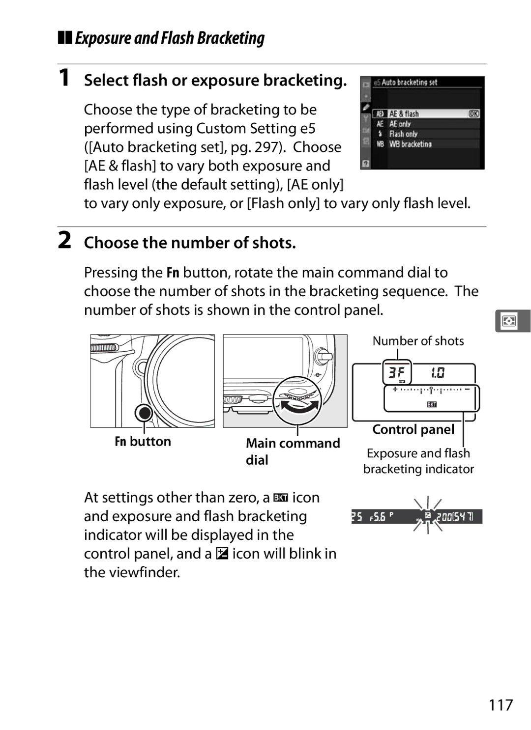 Nikon 920162, D300BODY Exposure and Flash Bracketing, Select flash or exposure bracketing, Choose the number of shots, 117 