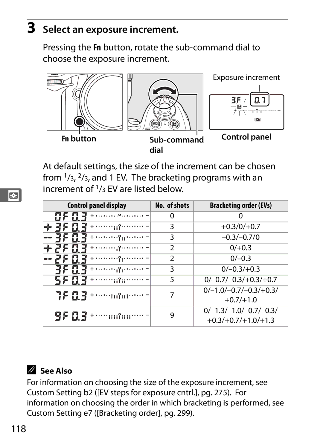 Nikon D300OUTFIT, D300BODY, 920162 user manual Select an exposure increment, 118, Fn button Sub-command 