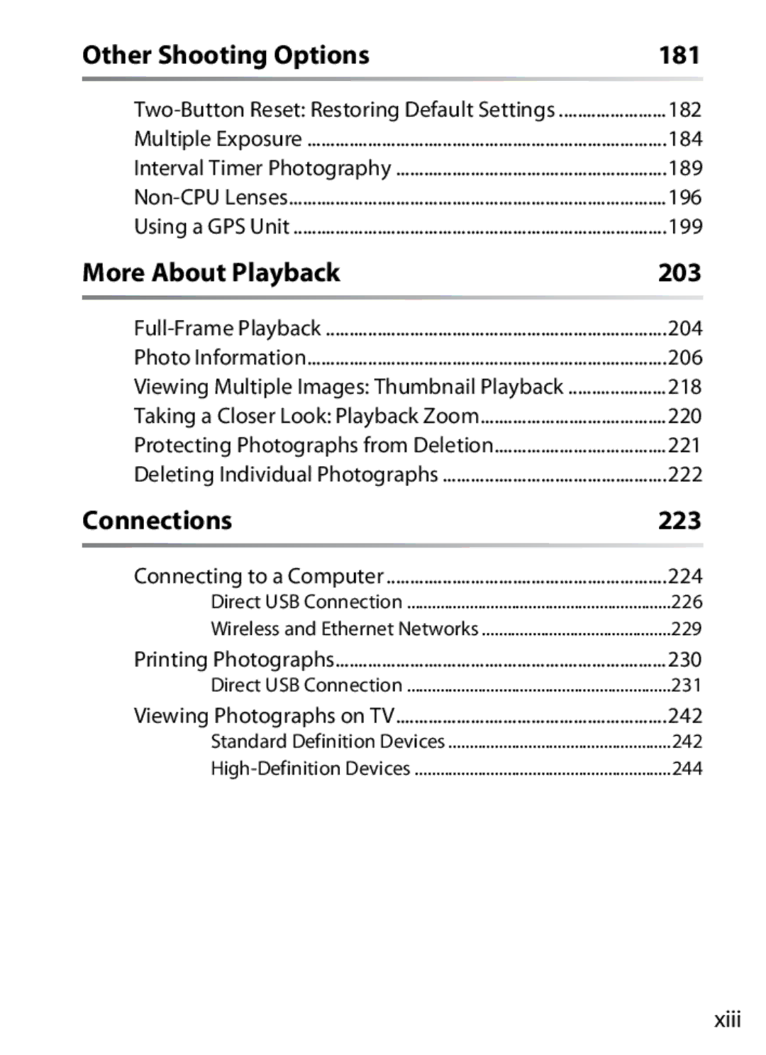 Nikon D300OUTFIT, D300BODY, 920162 user manual Other Shooting Options 181, Connections 223, 203, Xiii 