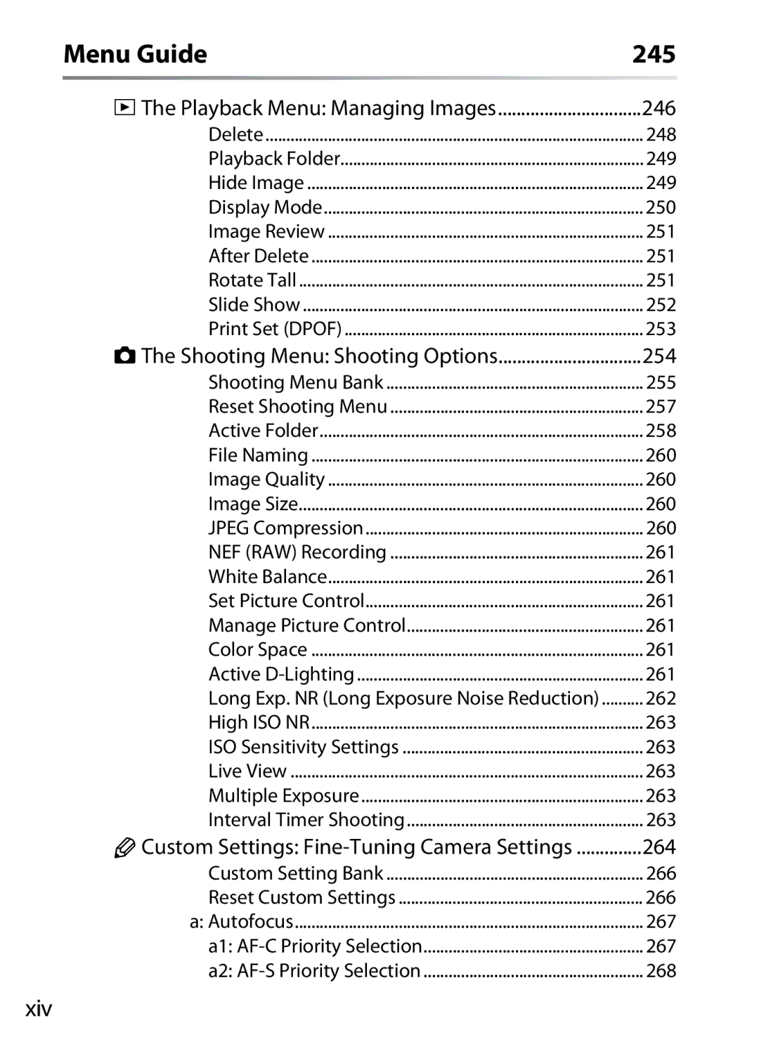 Nikon D300BODY, D300OUTFIT, 920162 user manual 245, Xiv, 246, 254, 264 