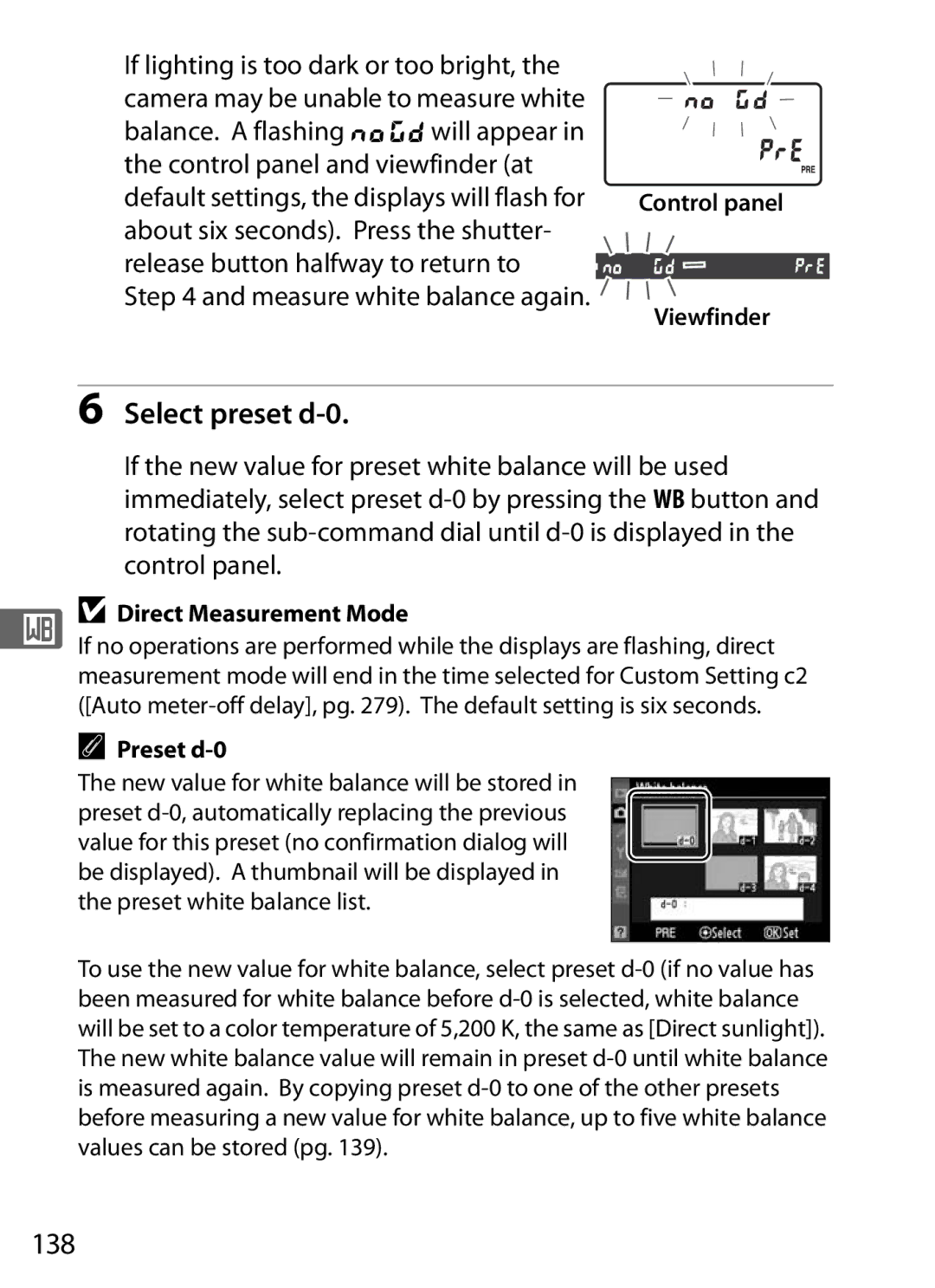 Nikon 920162, D300OUTFIT, D300BODY user manual Select preset d-0, 138, Direct Measurement Mode, Preset d-0 