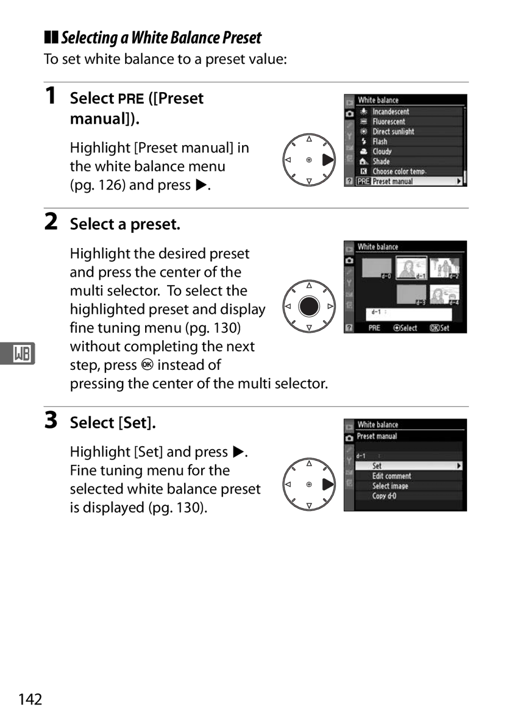 Nikon D300OUTFIT, D300BODY, 920162 user manual Selecting a White Balance Preset, Select a preset, Select Set, 142 