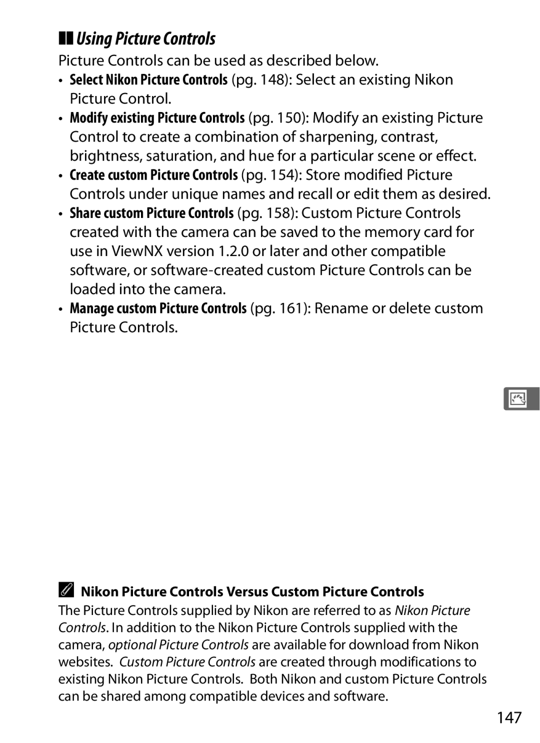 Nikon 920162, D300OUTFIT, D300BODY user manual Using Picture Controls, 147, Picture Controls can be used as described below 