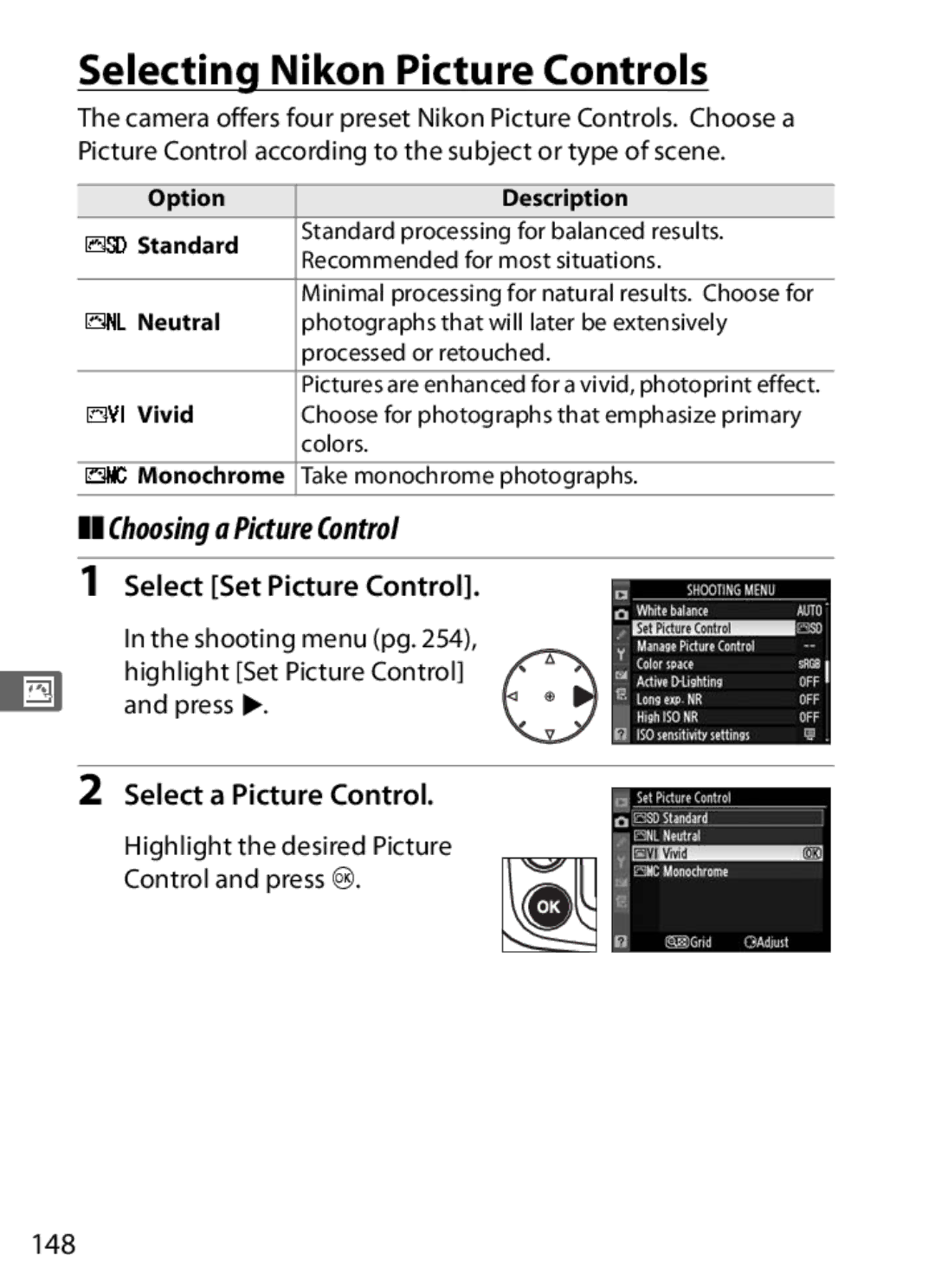 Nikon D300OUTFIT, D300BODY Selecting Nikon Picture Controls, Choosing a Picture Control, Select Set Picture Control, 148 