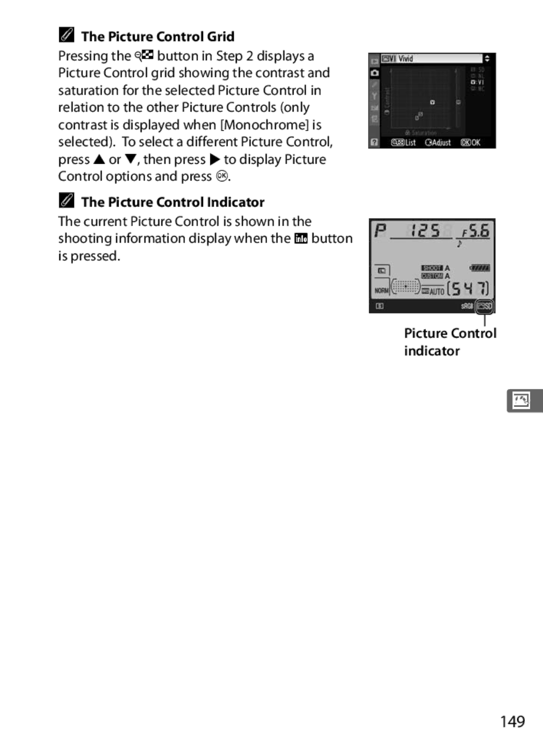 Nikon D300BODY, D300OUTFIT, 920162 user manual 149, Picture Control Grid, Picture Control Indicator 