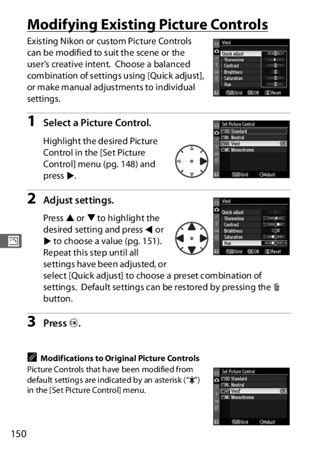 Nikon 920162, D300OUTFIT, D300BODY user manual Modifying Existing Picture Controls, Adjust settings, 150 