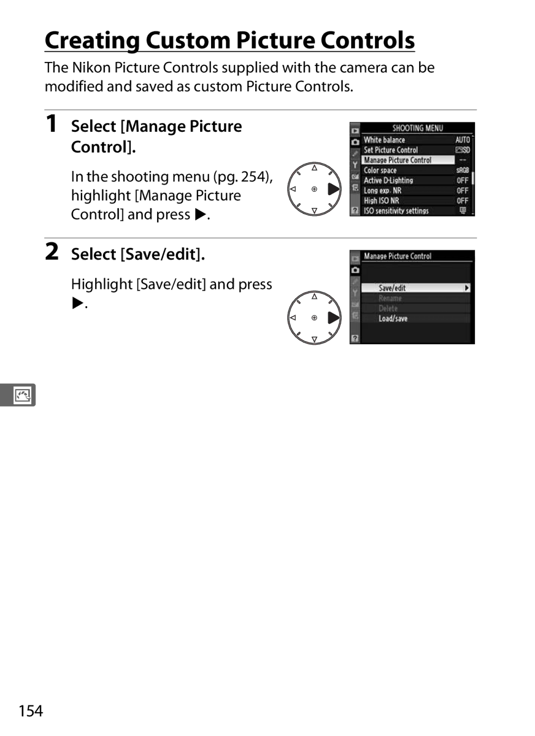 Nikon D300OUTFIT, D300BODY, 920162 Creating Custom Picture Controls, Select Manage Picture Control, Select Save/edit, 154 