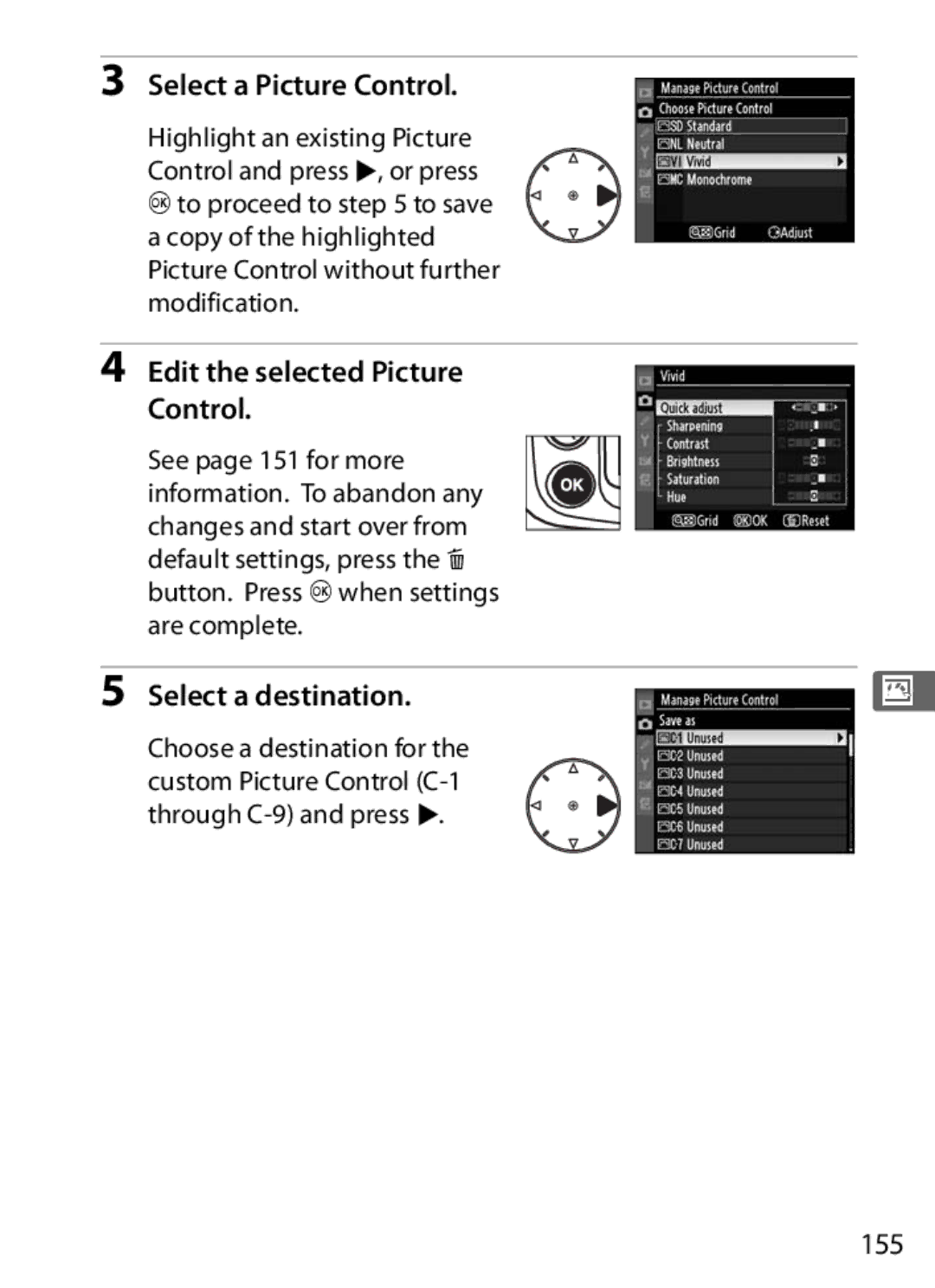 Nikon D300BODY, D300OUTFIT, 920162 user manual Edit the selected Picture Control, 155 