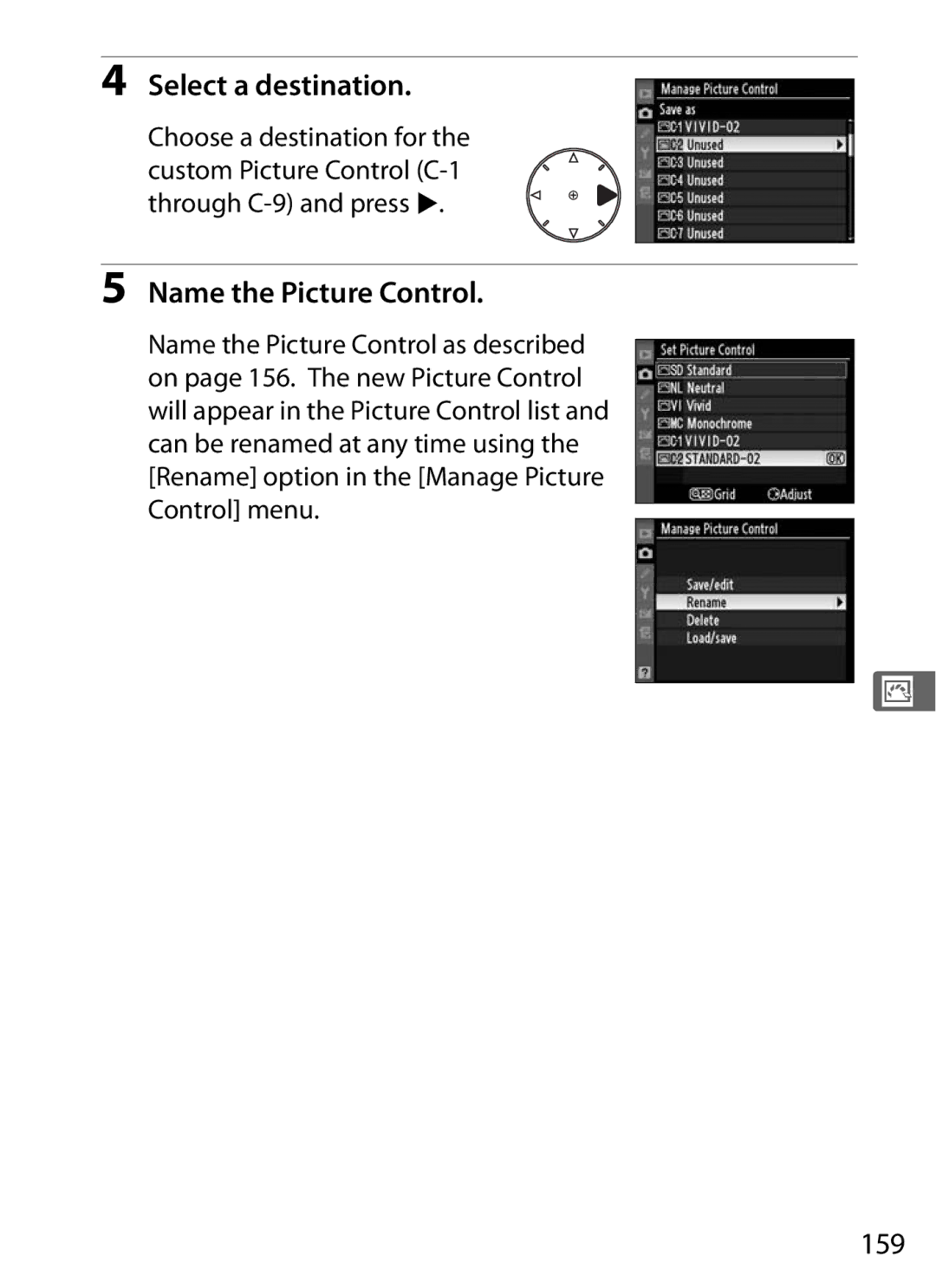 Nikon 920162, D300OUTFIT, D300BODY user manual 159, Rename option in the Manage Picture Control menu 