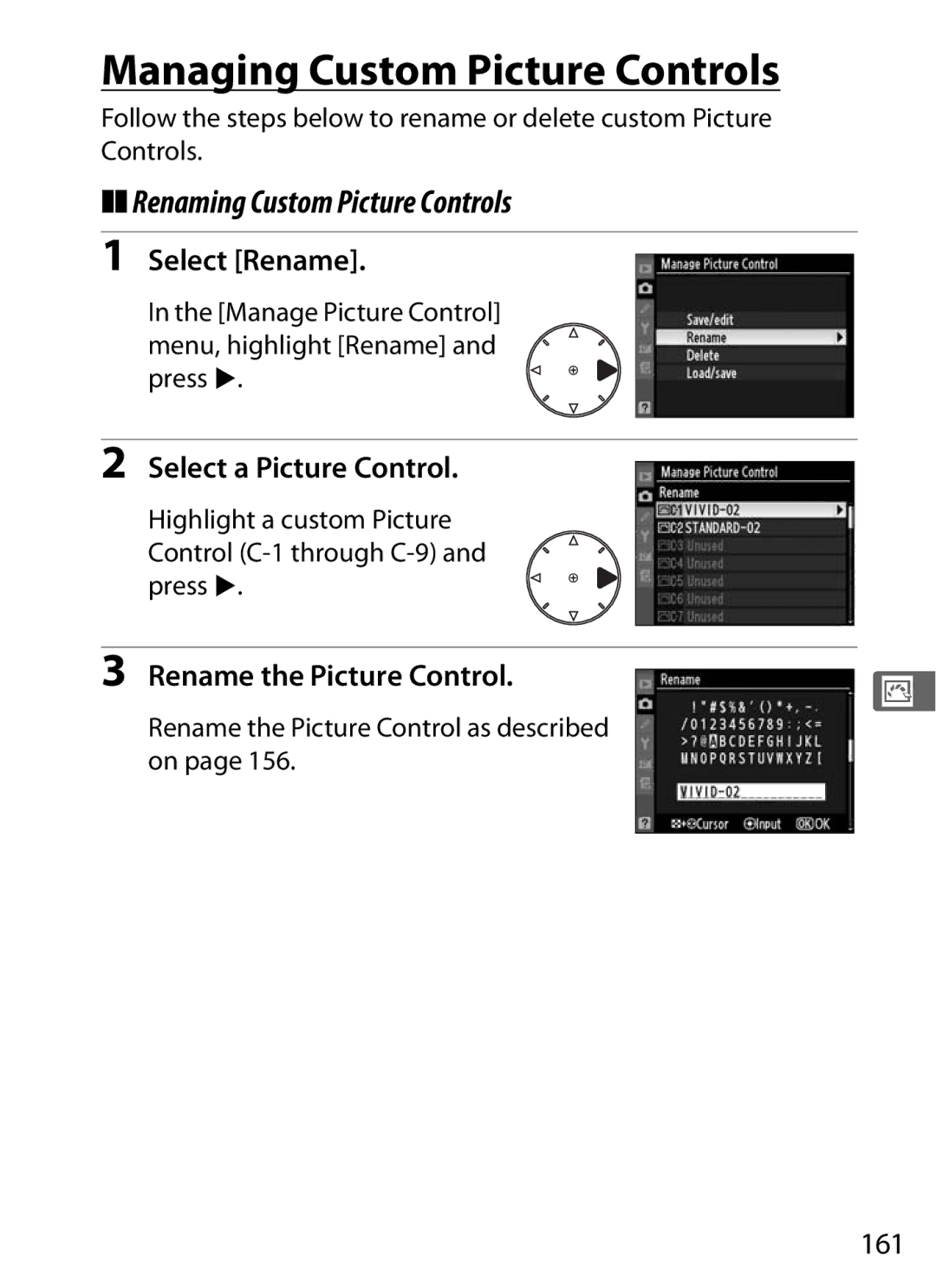 Nikon D300BODY, D300OUTFIT, 920162 Managing Custom Picture Controls, Renaming Custom Picture Controls, Select Rename, 161 