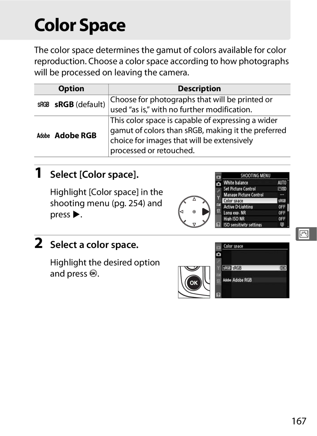 Nikon D300BODY, D300OUTFIT, 920162 user manual Color Space, Select Color space, Select a color space, 167 