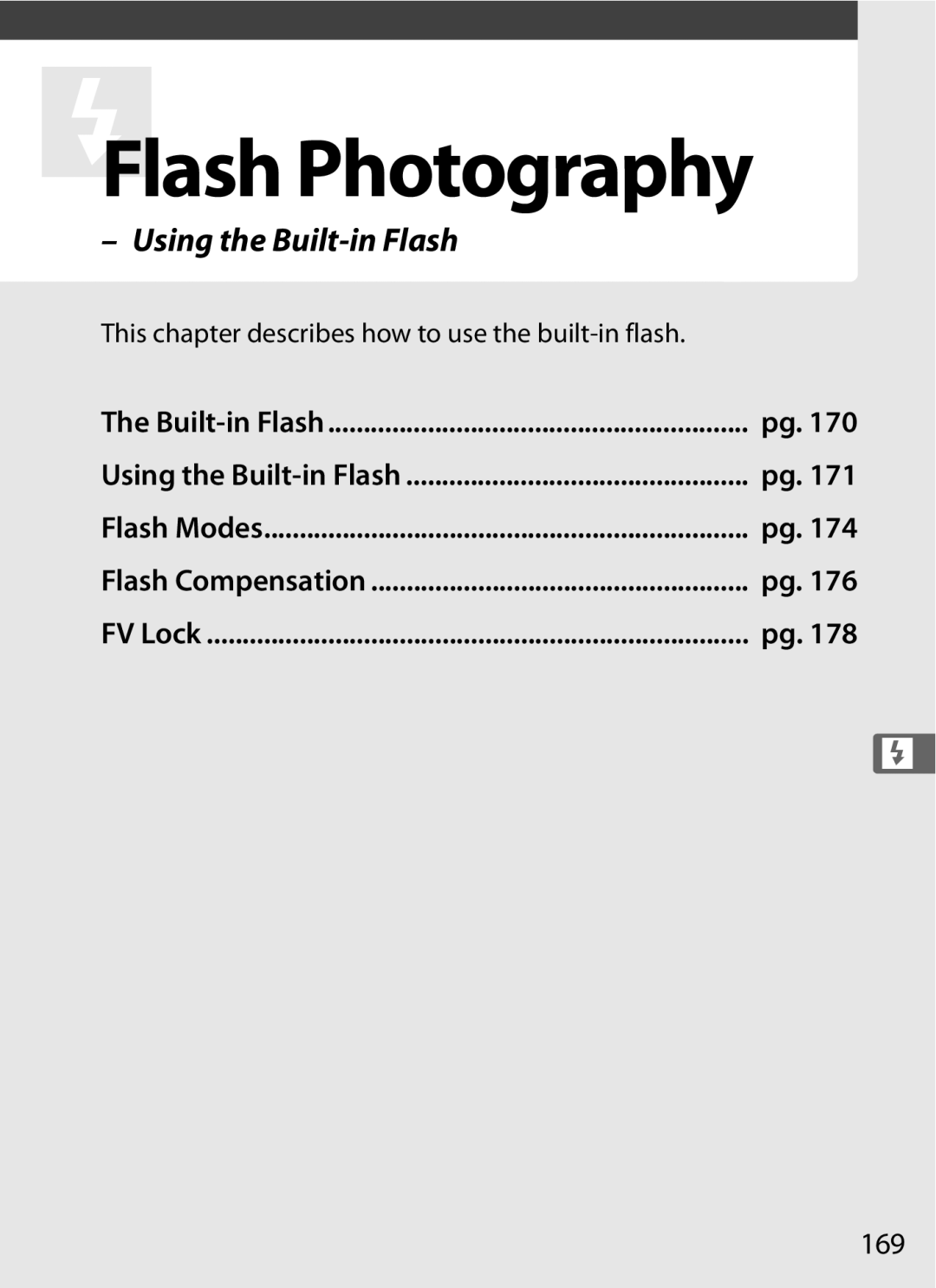 Nikon D300OUTFIT, D300BODY, 920162 user manual Using the Built-in Flash, 169 