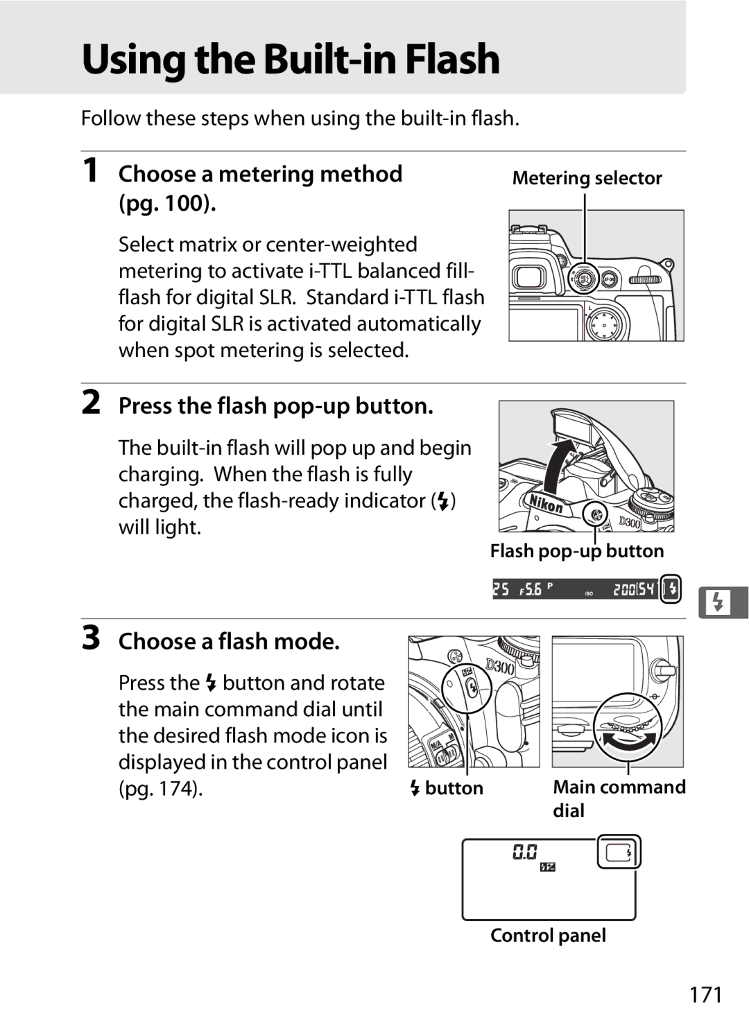 Nikon 920162 Using the Built-in Flash, Choose a metering method, Press the flash pop-up button, Choose a flash mode, 171 