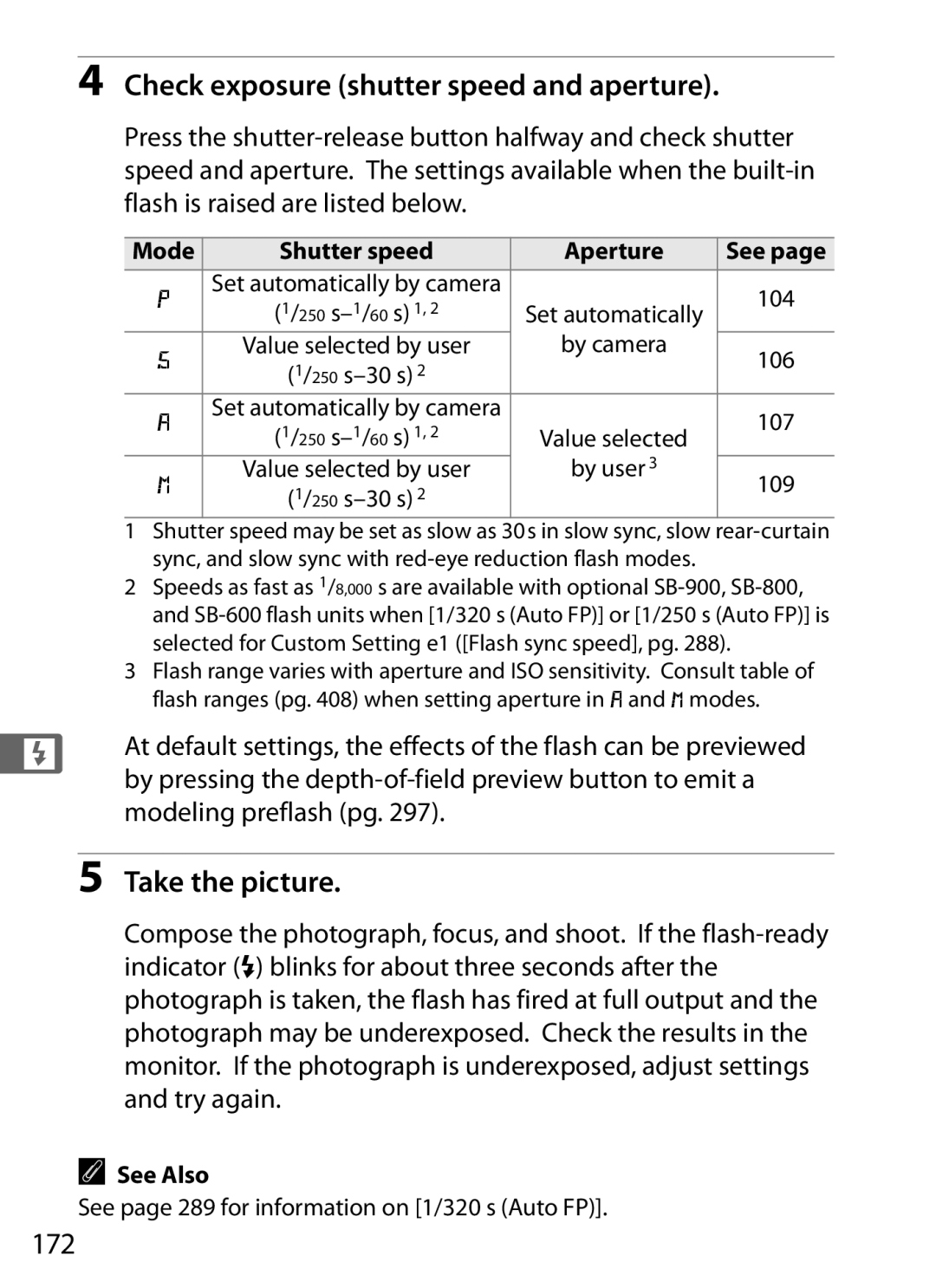 Nikon D300OUTFIT Check exposure shutter speed and aperture, 172, By pressing the depth-of-field preview button to emit a 