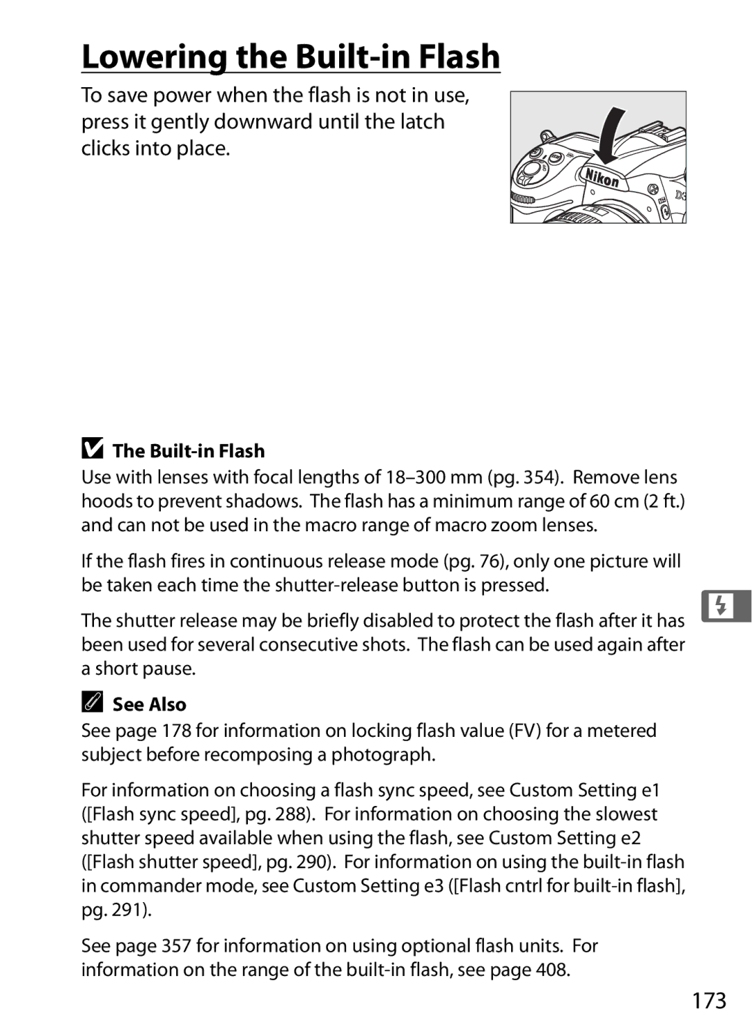 Nikon D300BODY, D300OUTFIT, 920162 user manual Lowering the Built-in Flash, 173 