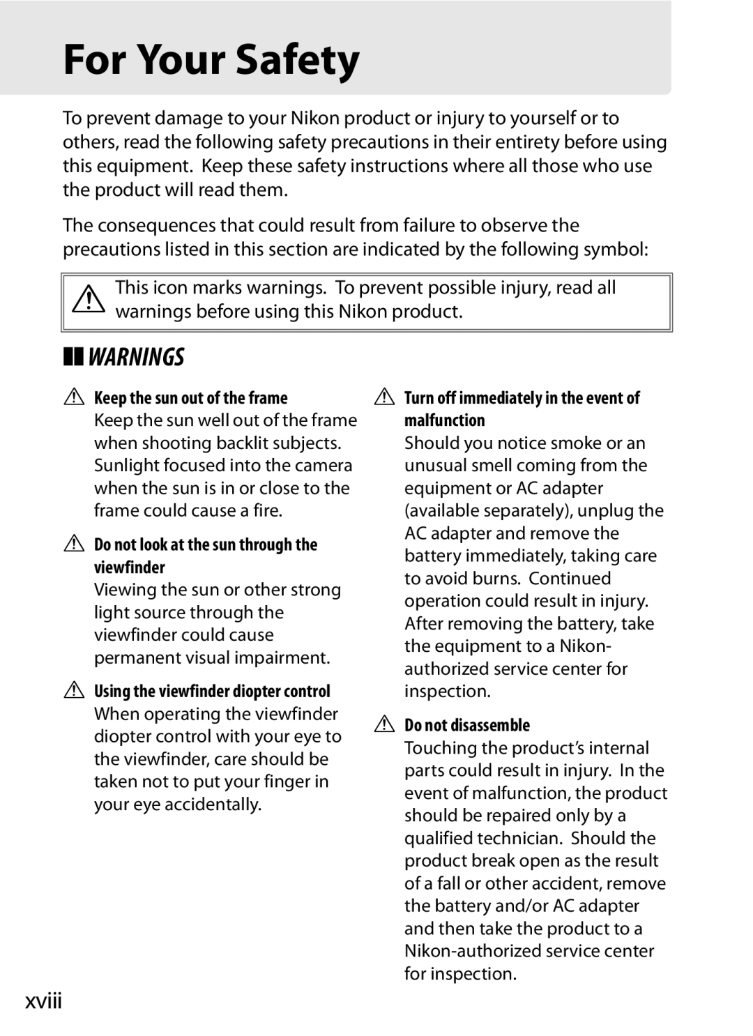 Nikon 920162, D300OUTFIT, D300BODY user manual For Your Safety, Xviii 