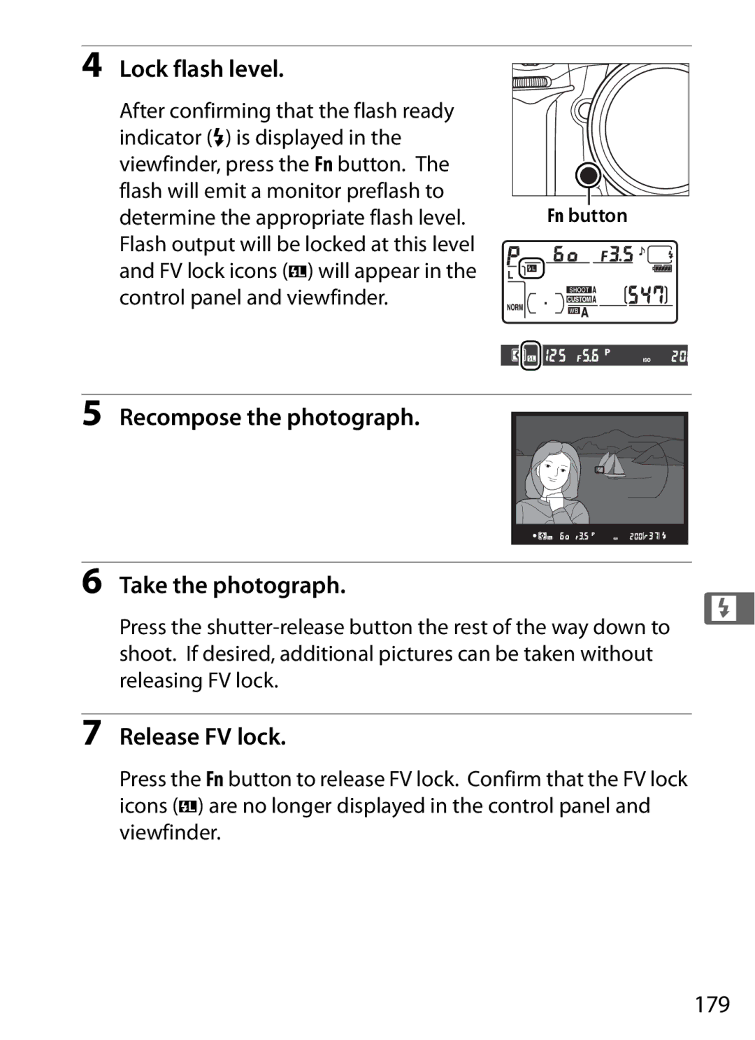 Nikon D300BODY, D300OUTFIT, 920162 Lock flash level, Recompose the photograph Take the photograph, Release FV lock, 179 