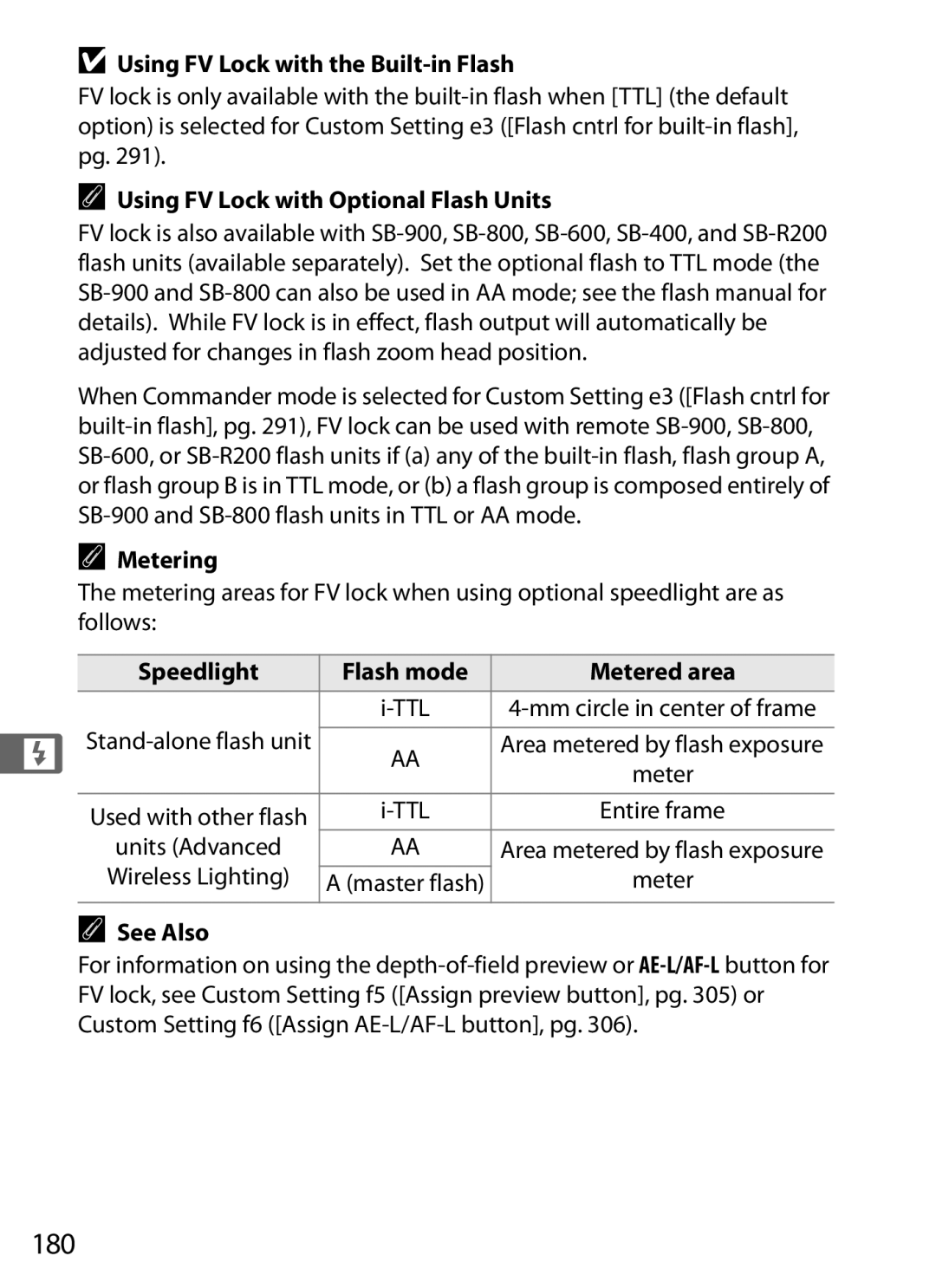 Nikon 920162, D300OUTFIT 180, Using FV Lock with the Built-in Flash, Using FV Lock with Optional Flash Units, Metering 
