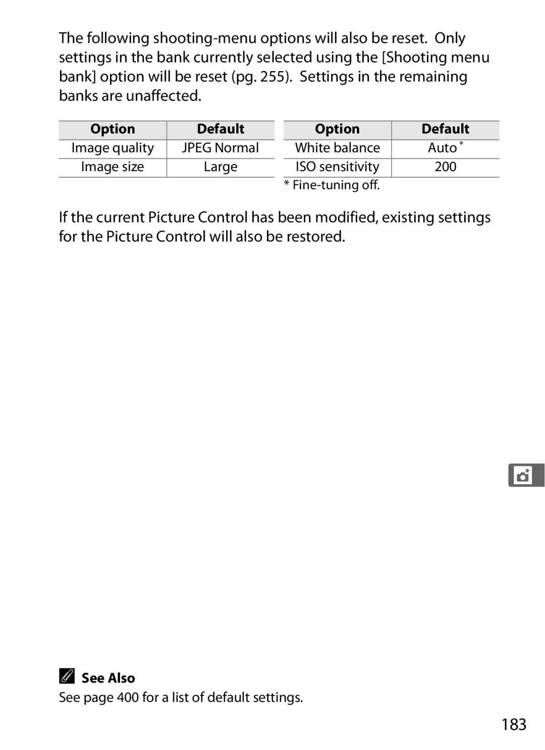 Nikon 920162, D300OUTFIT, D300BODY user manual 183, See page 400 for a list of default settings 