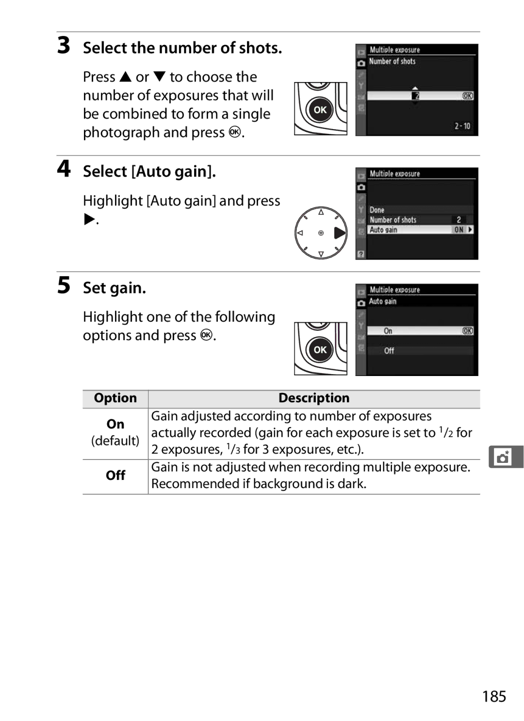 Nikon D300BODY, D300OUTFIT, 920162 user manual Select the number of shots, Select Auto gain, Set gain, 185 