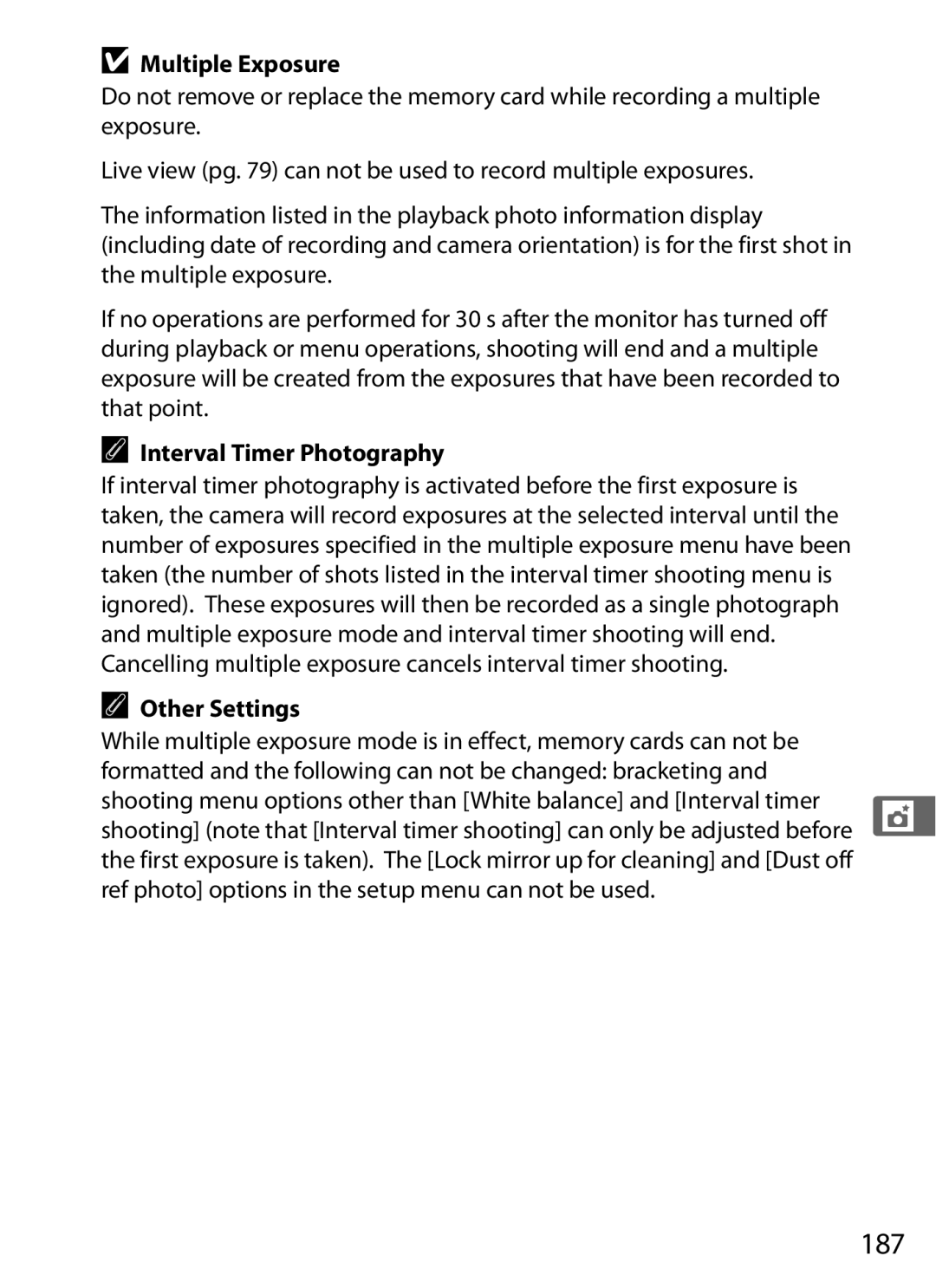 Nikon D300OUTFIT, D300BODY 187, Multiple Exposure, Other Settings, Ref photo options in the setup menu can not be used 