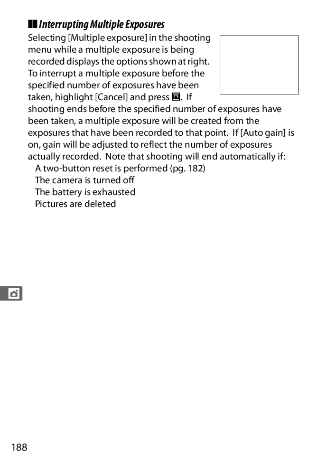 Nikon D300BODY, D300OUTFIT, 920162 user manual Interrupting Multiple Exposures, 188 