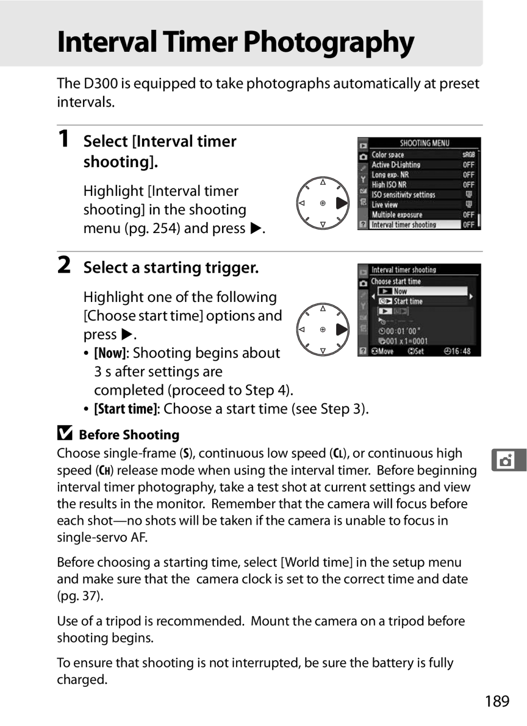 Nikon 920162, D300OUTFIT Interval Timer Photography, Select Interval timer shooting, Select a starting trigger, 189 