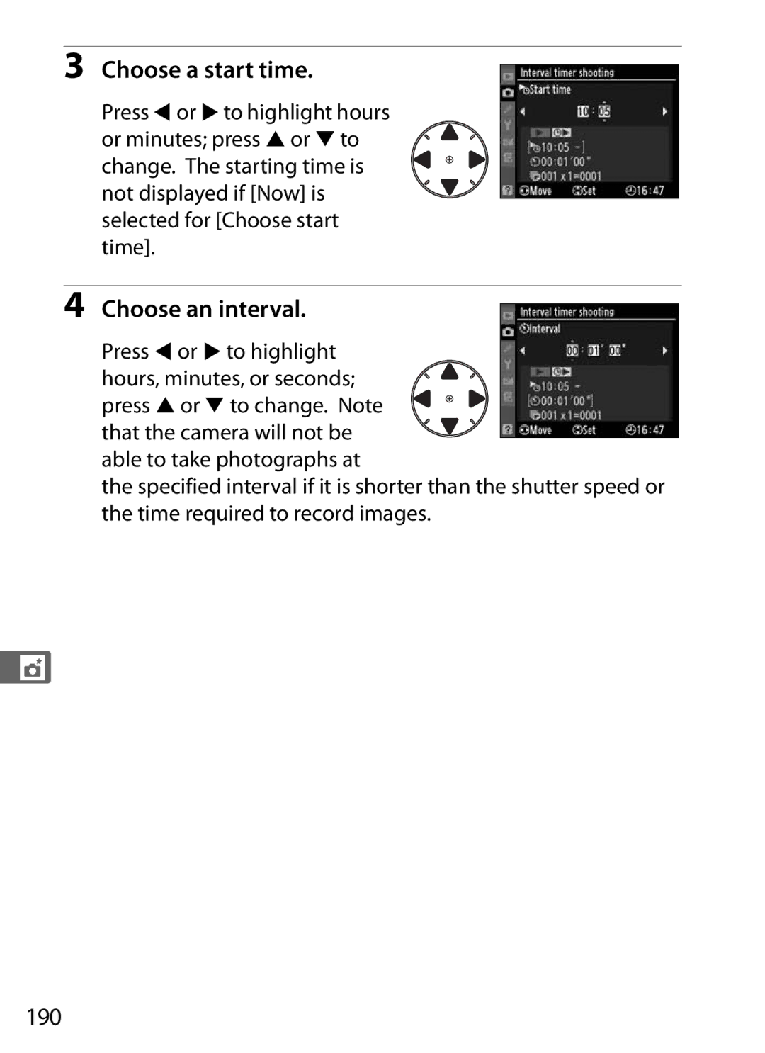 Nikon D300OUTFIT, D300BODY, 920162 user manual Choose a start time, Choose an interval, 190 