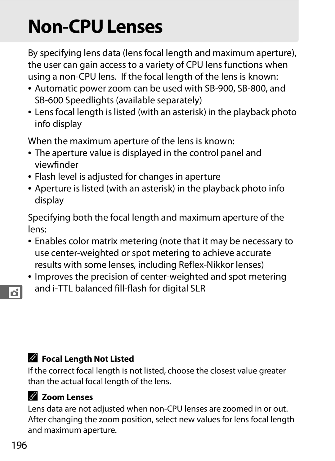 Nikon D300OUTFIT, D300BODY, 920162 user manual Non-CPU Lenses, 196, Focal Length Not Listed, Zoom Lenses 