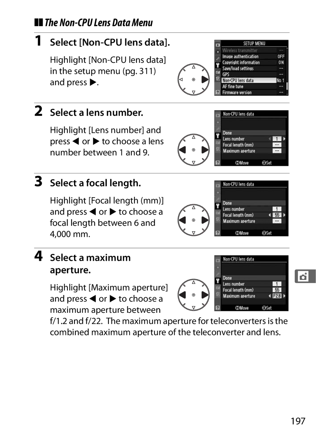 Nikon D300BODY, 920162 Non-CPU Lens Data Menu, Select Non-CPU lens data, Select a lens number, Select a focal length, 197 