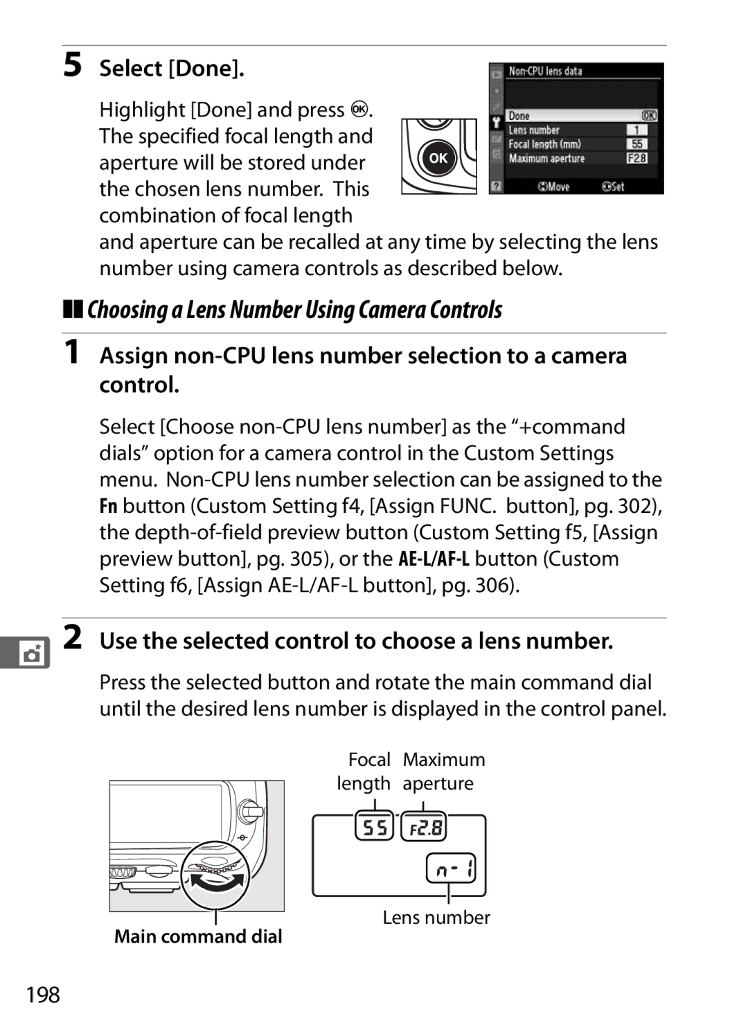 Nikon 920162 Choosing a Lens Number Using Camera Controls, Assign non-CPU lens number selection to a camera control, 198 