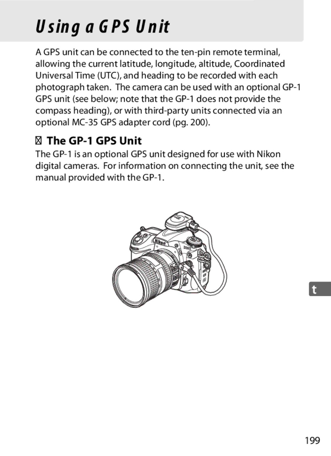 Nikon D300OUTFIT, D300BODY, 920162 user manual Using a GPS Unit, GP-1 GPS Unit, 199 