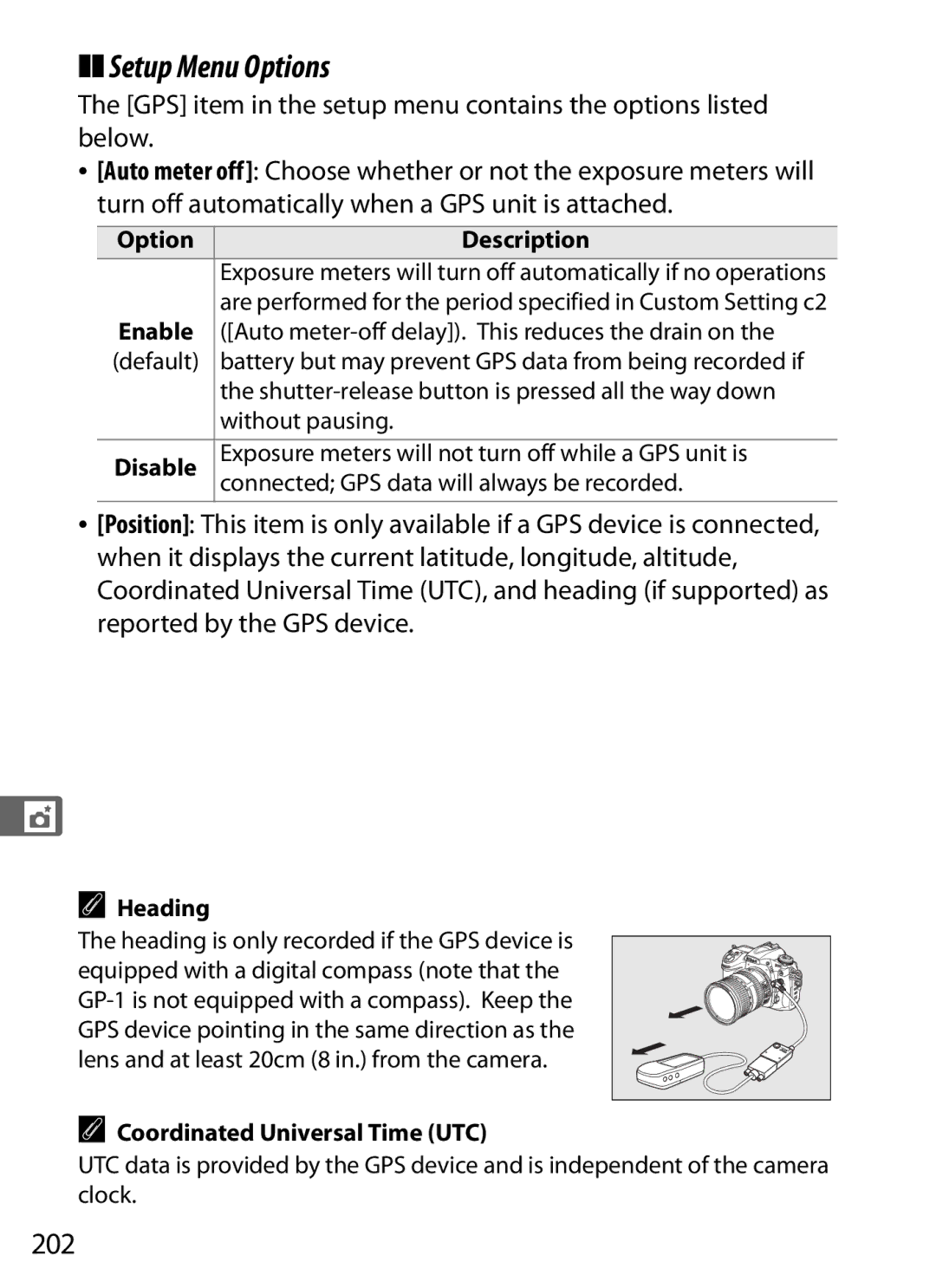 Nikon D300OUTFIT, D300BODY, 920162 user manual Setup Menu Options, 202, Heading, Coordinated Universal Time UTC 