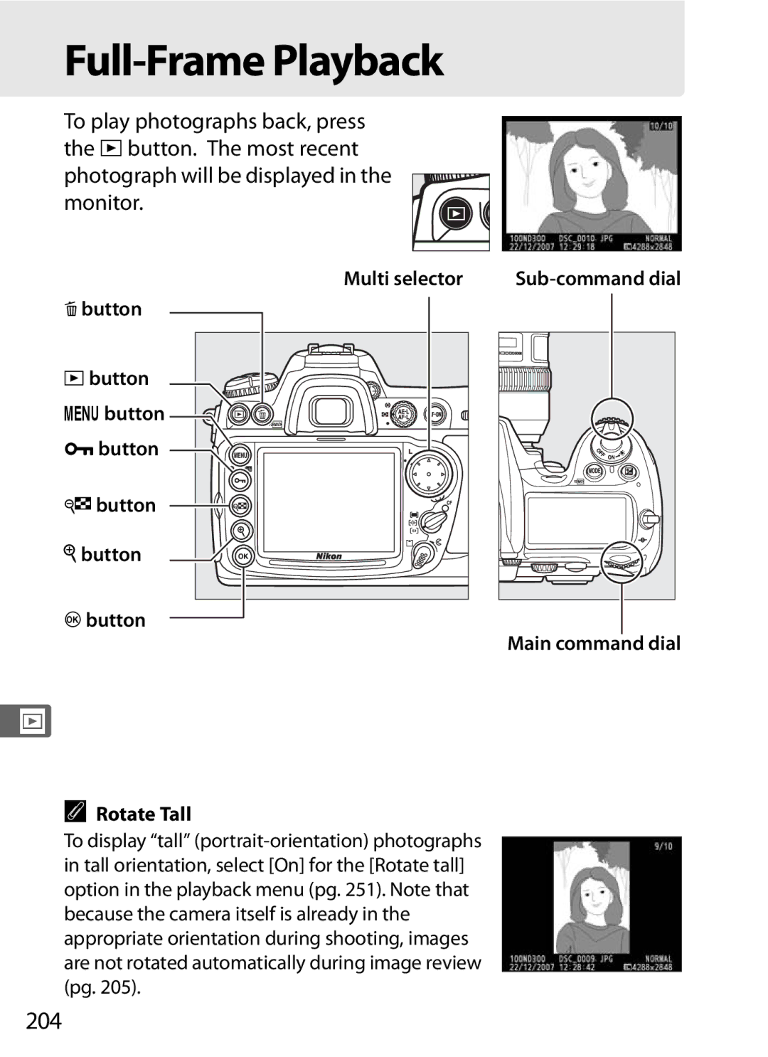 Nikon 920162, D300OUTFIT, D300BODY user manual Full-Frame Playback, 204 