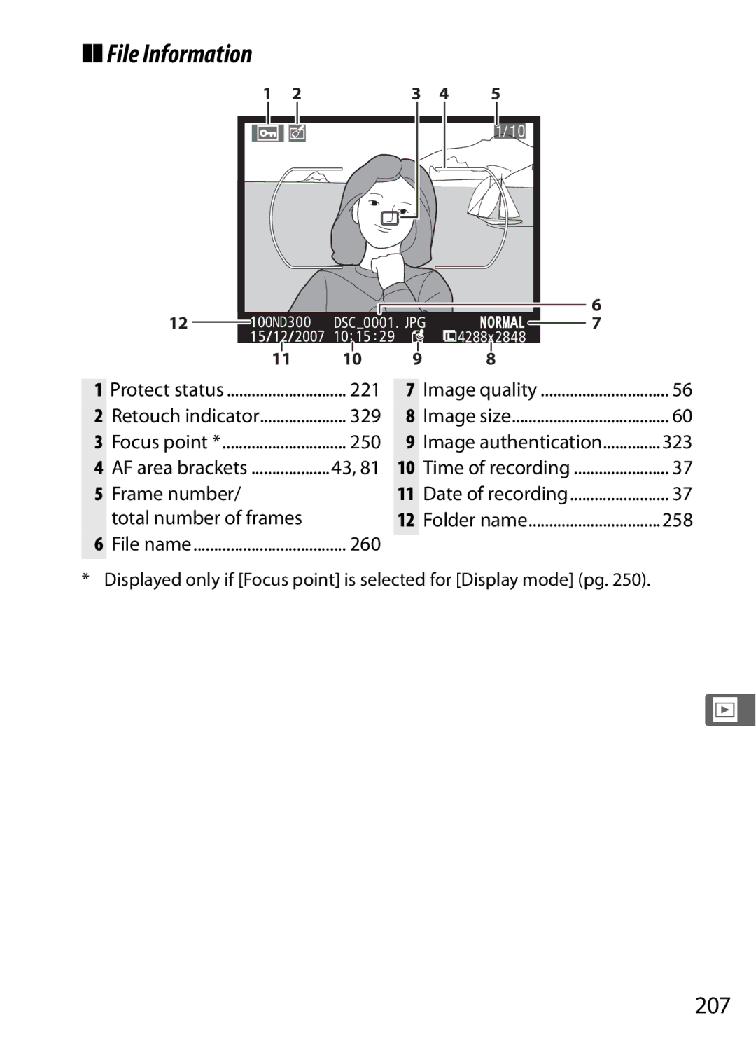 Nikon 920162, D300OUTFIT, D300BODY File Information, 207, Protect status 221 Image quality, 329, Total number of frames 