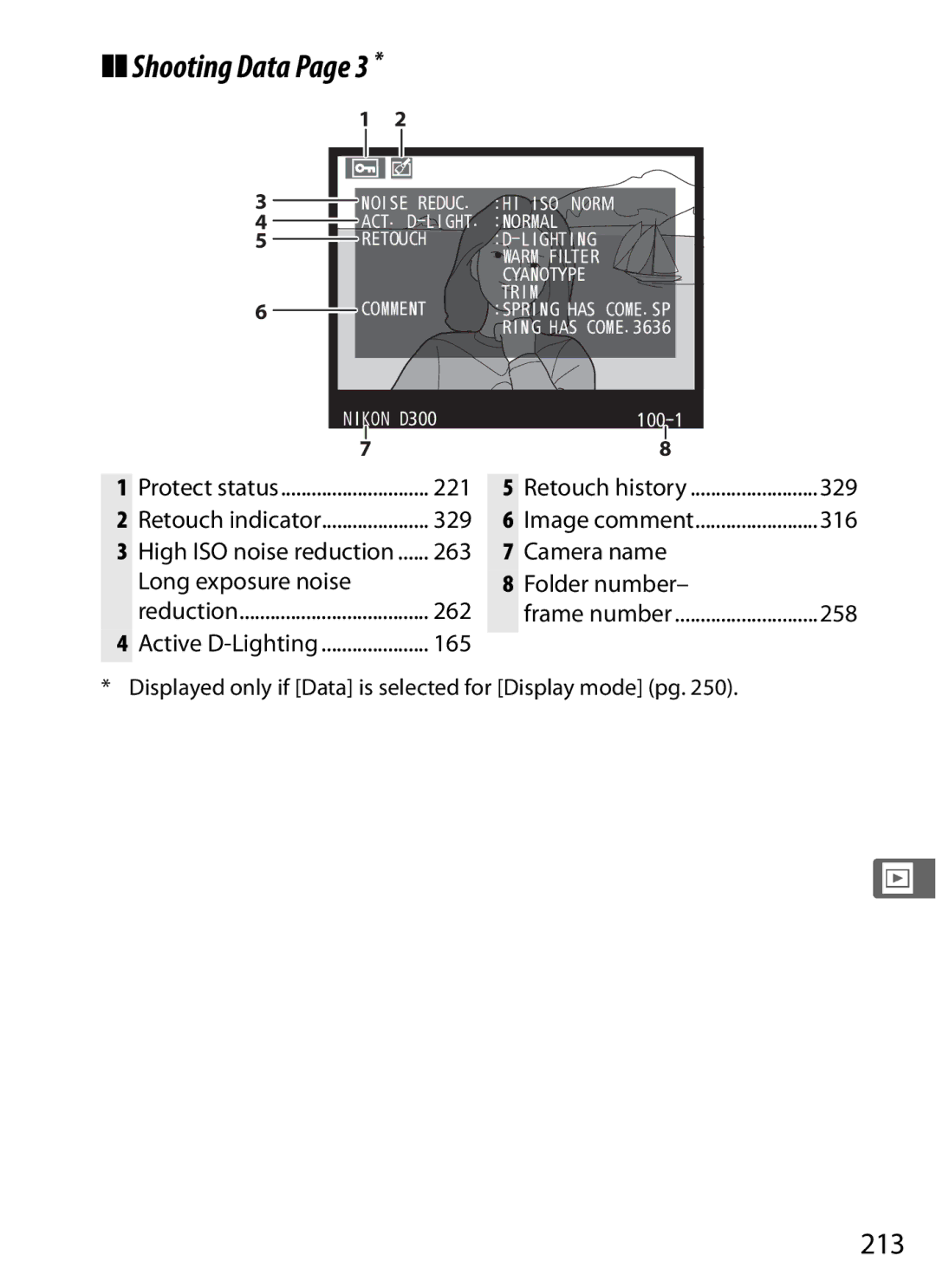 Nikon 920162, D300OUTFIT, D300BODY user manual Shooting Data, 213, Long exposure noise, 316 